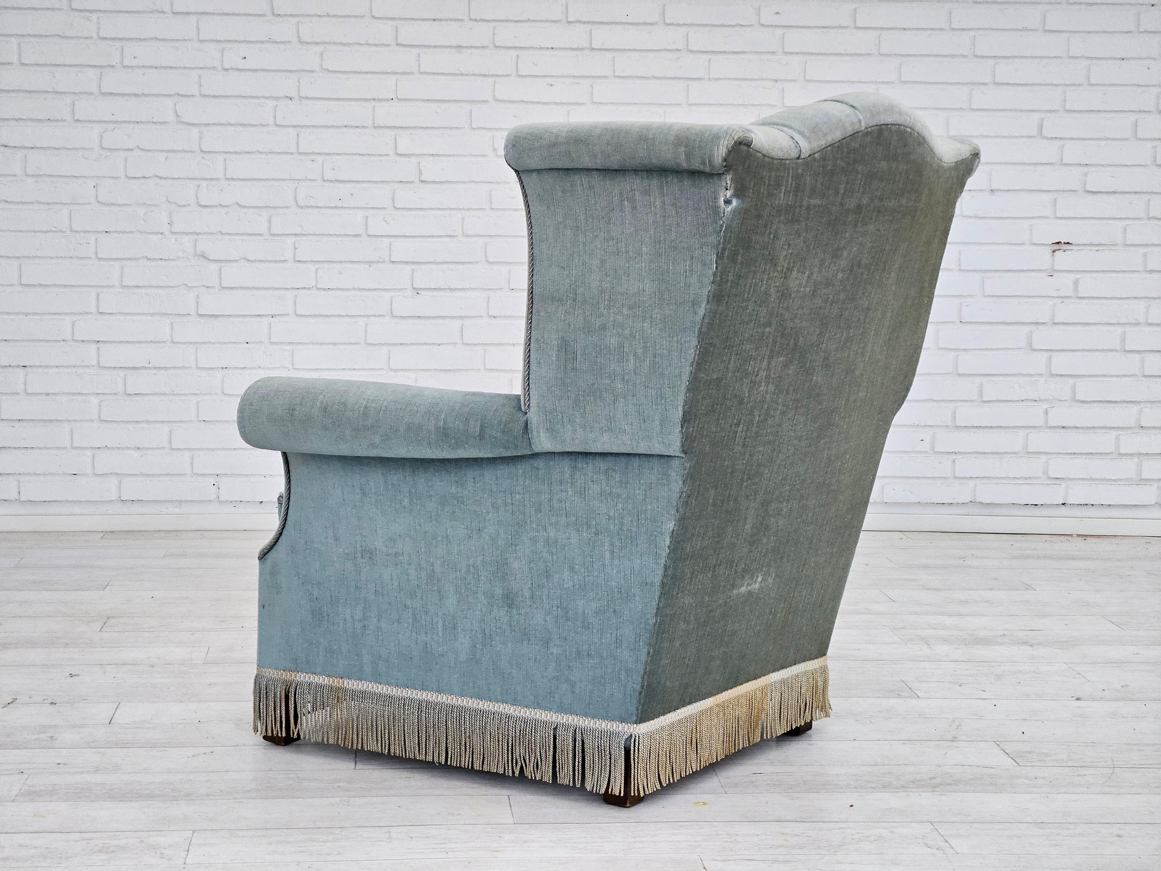 1960s, Danish wingback armchair, light blue velour, original good condition. For Sale 1