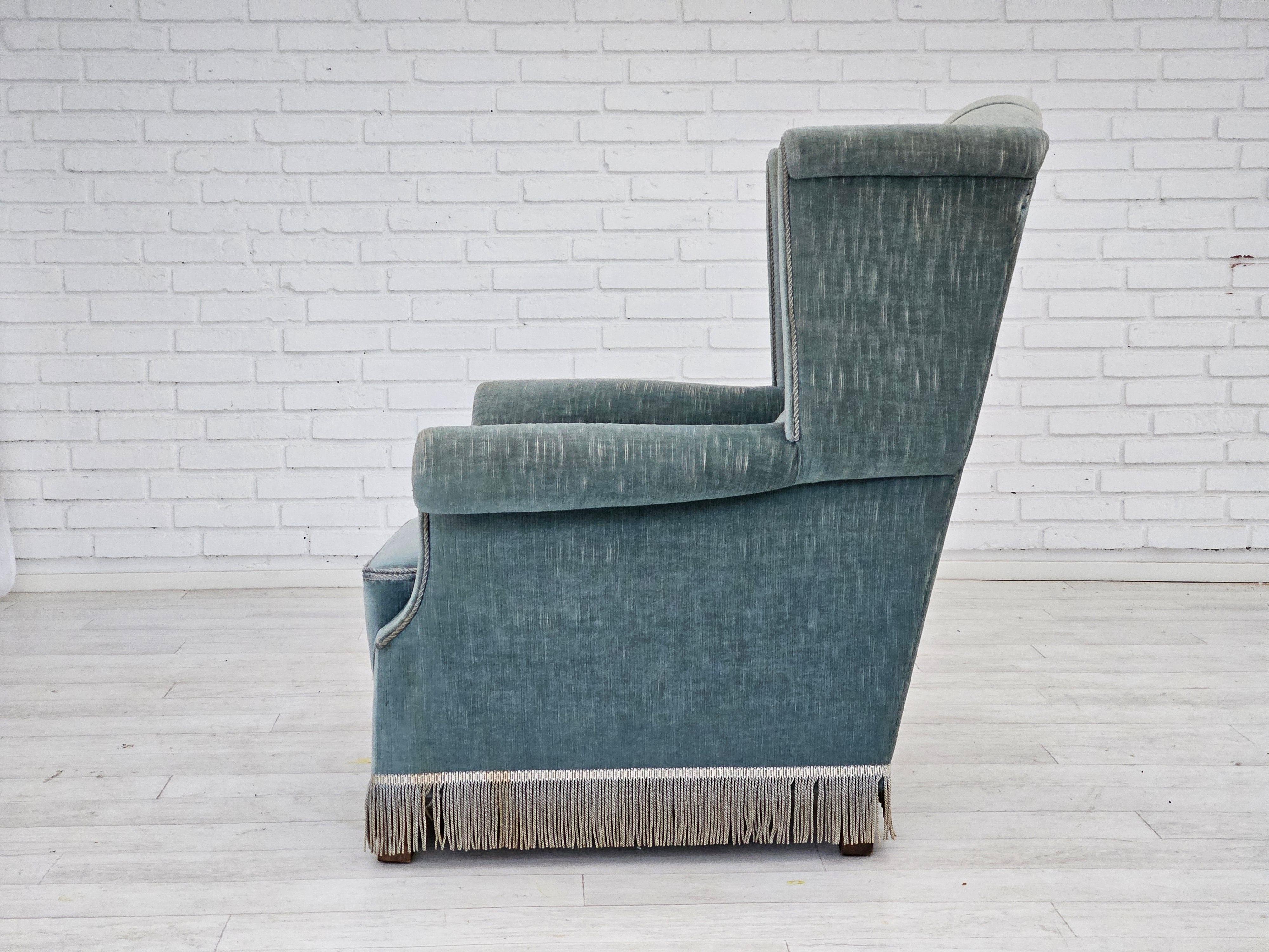 1960s, Danish wingback armchair, light blue velour, original good condition. For Sale 2