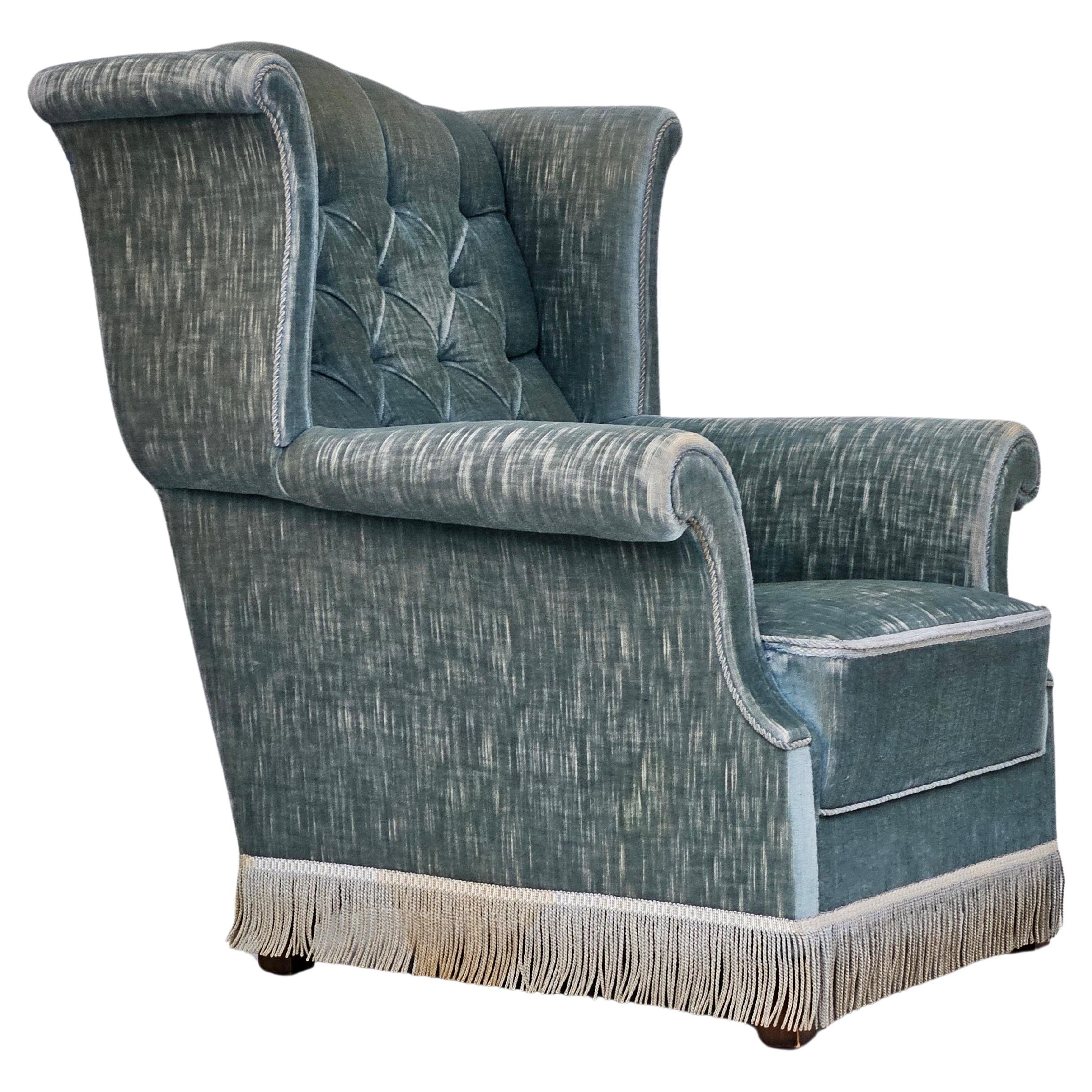 1960s, Danish wingback armchair, light blue velour, original good condition. For Sale
