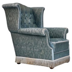 Vintage 1960s, Danish wingback armchair, light blue velour, original good condition.
