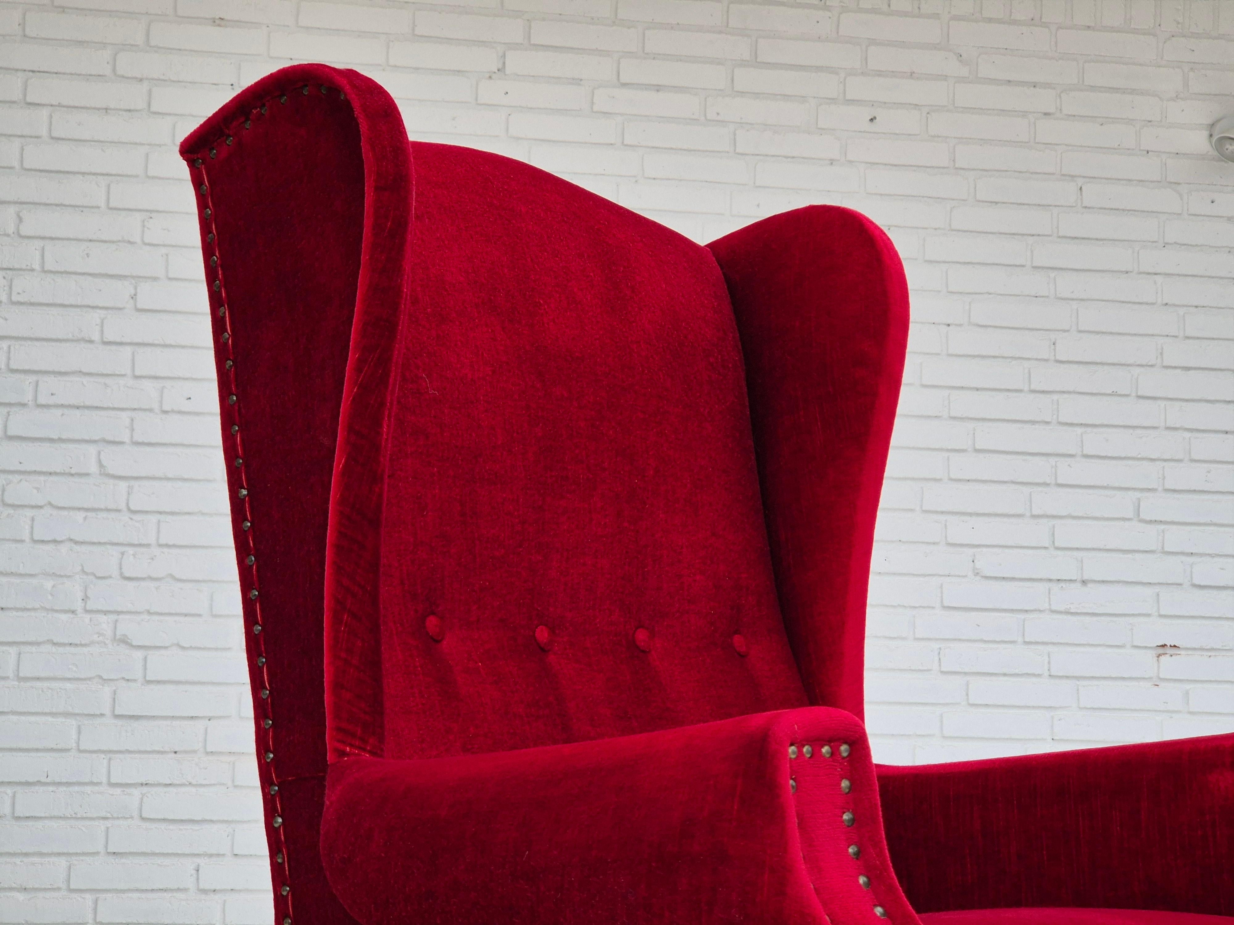 1960s, Danish wingback armchair, original, furniture velour, oak wood legs. For Sale 6
