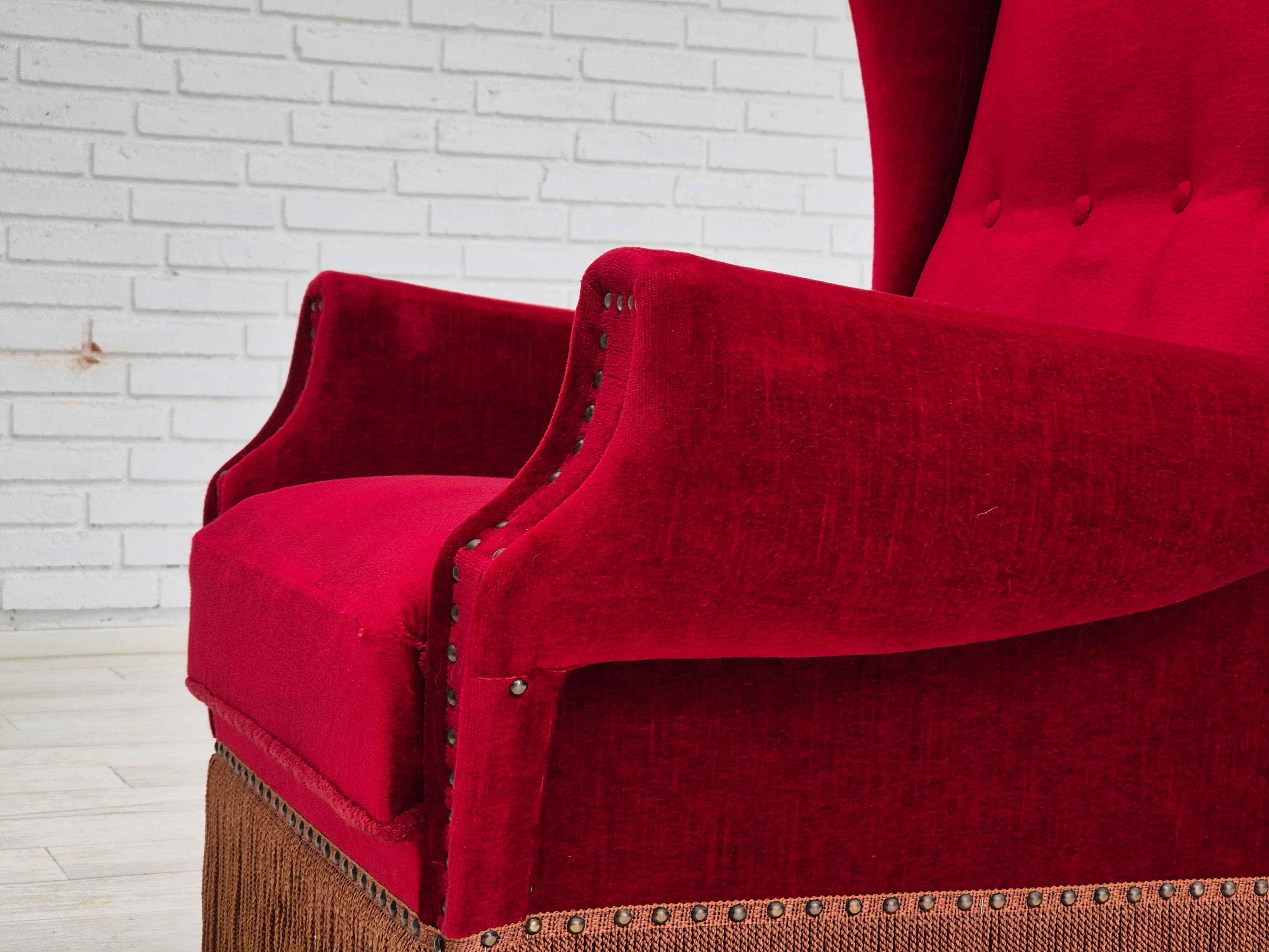 1960s, Danish wingback armchair, original, furniture velour, oak wood legs. For Sale 7