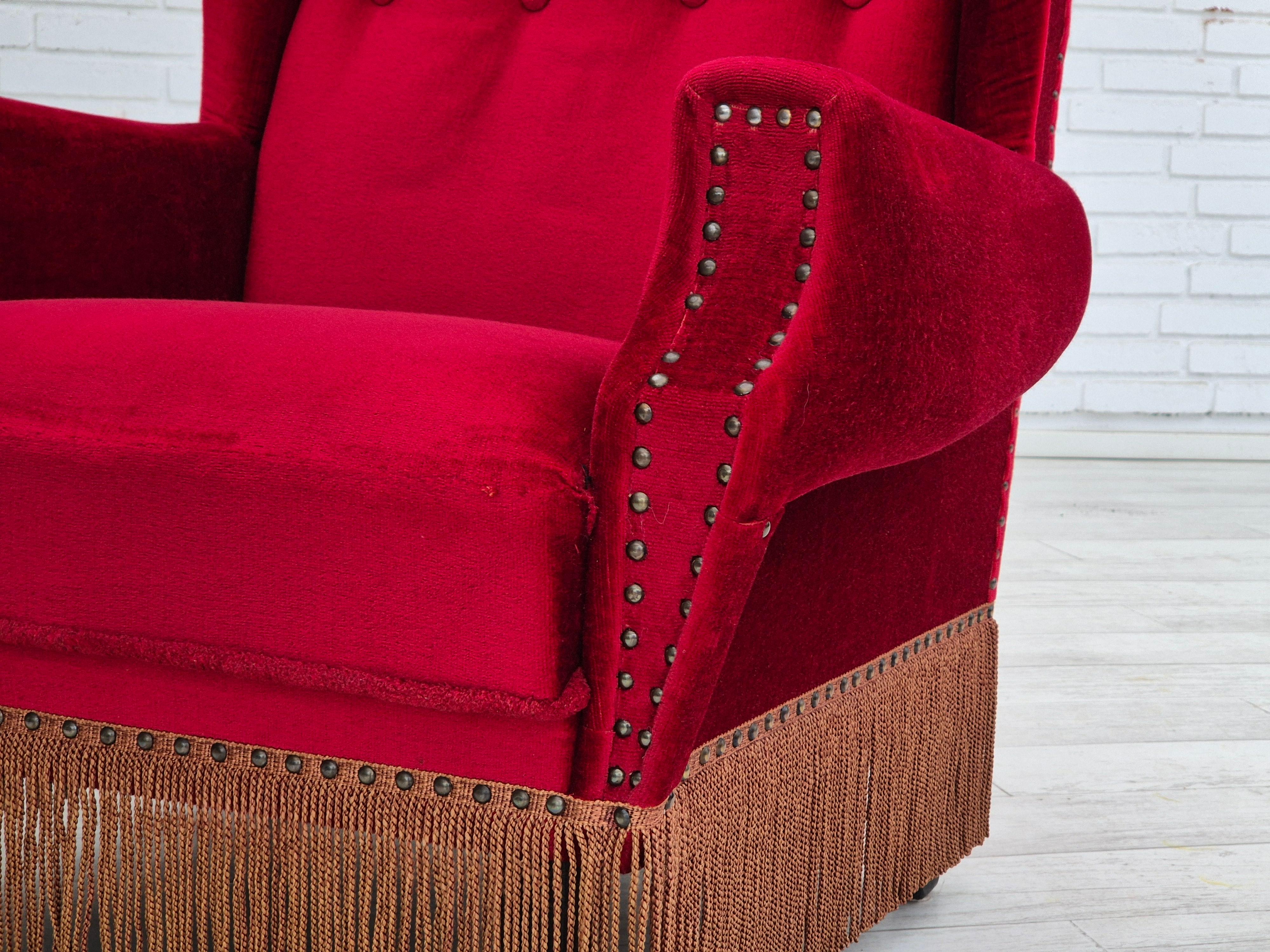 1960s, Danish wingback armchair, original, furniture velour, oak wood legs. For Sale 8