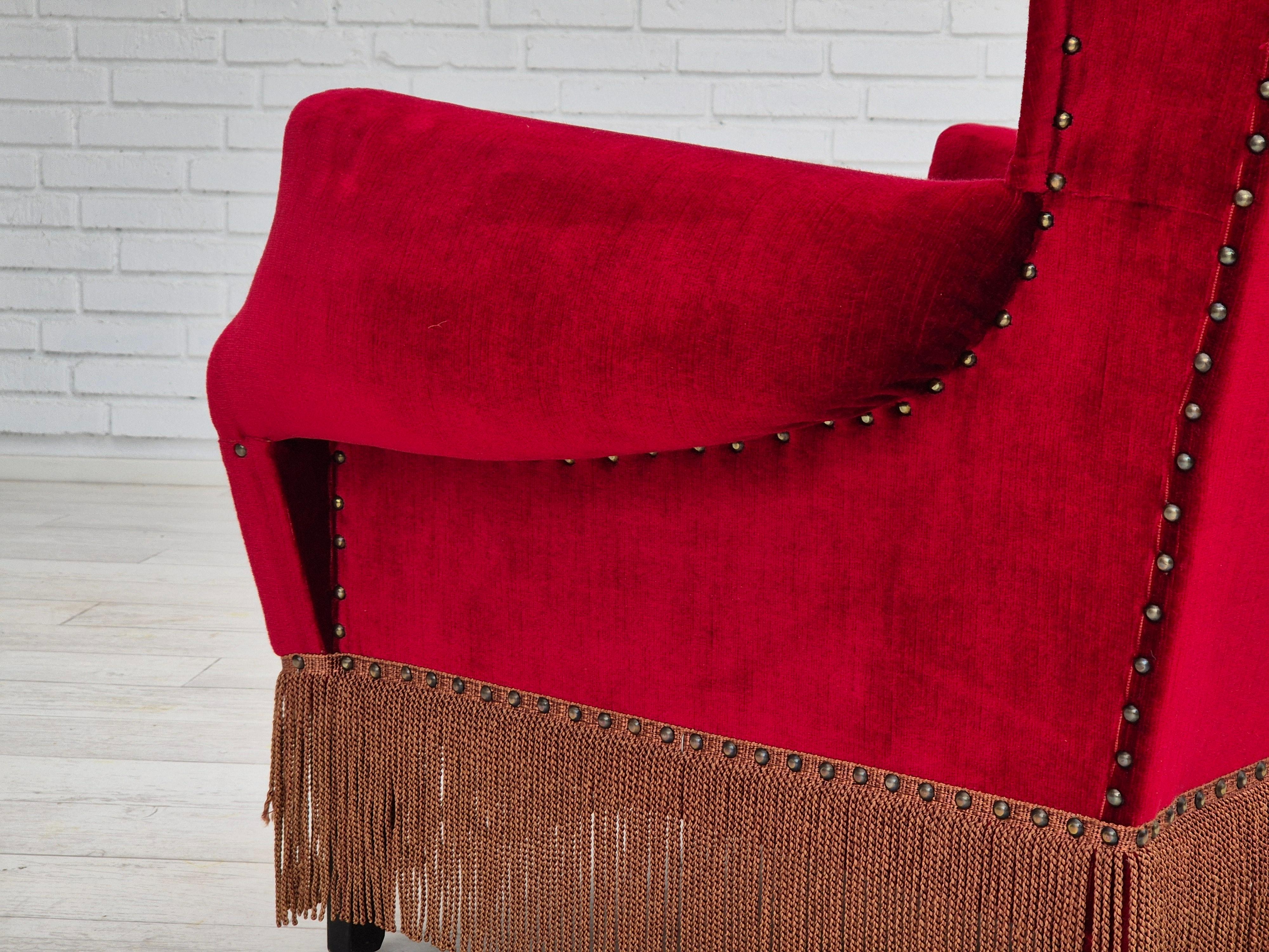1960s, Danish wingback armchair, original, furniture velour, oak wood legs. For Sale 9