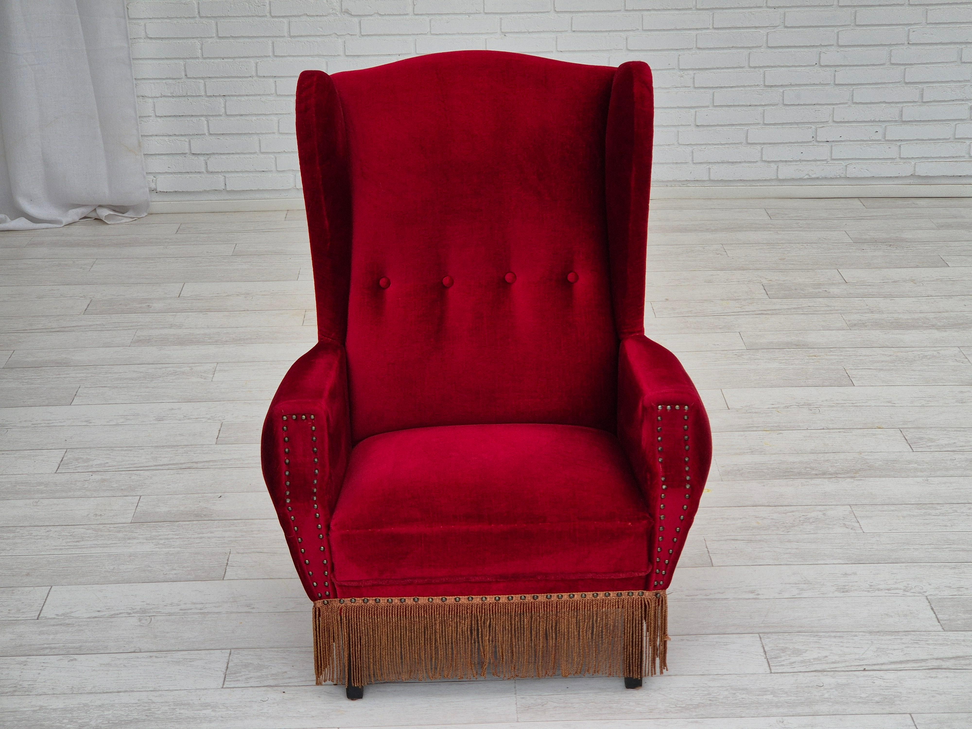 1960s, Danish wingback armchair, original, furniture velour, oak wood legs. For Sale 10