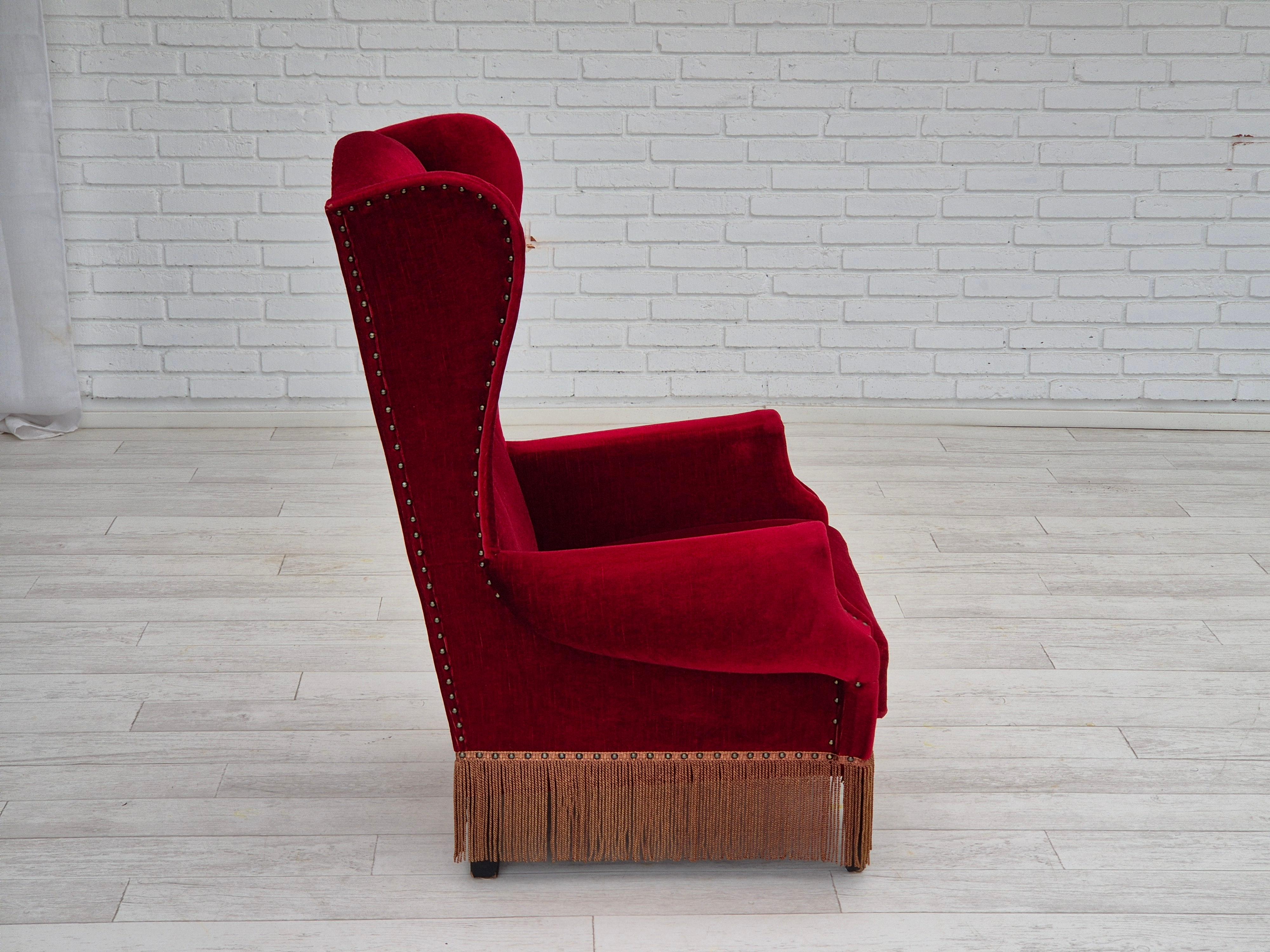 1960s, Danish wingback armchair, original, furniture velour, oak wood legs. For Sale 11