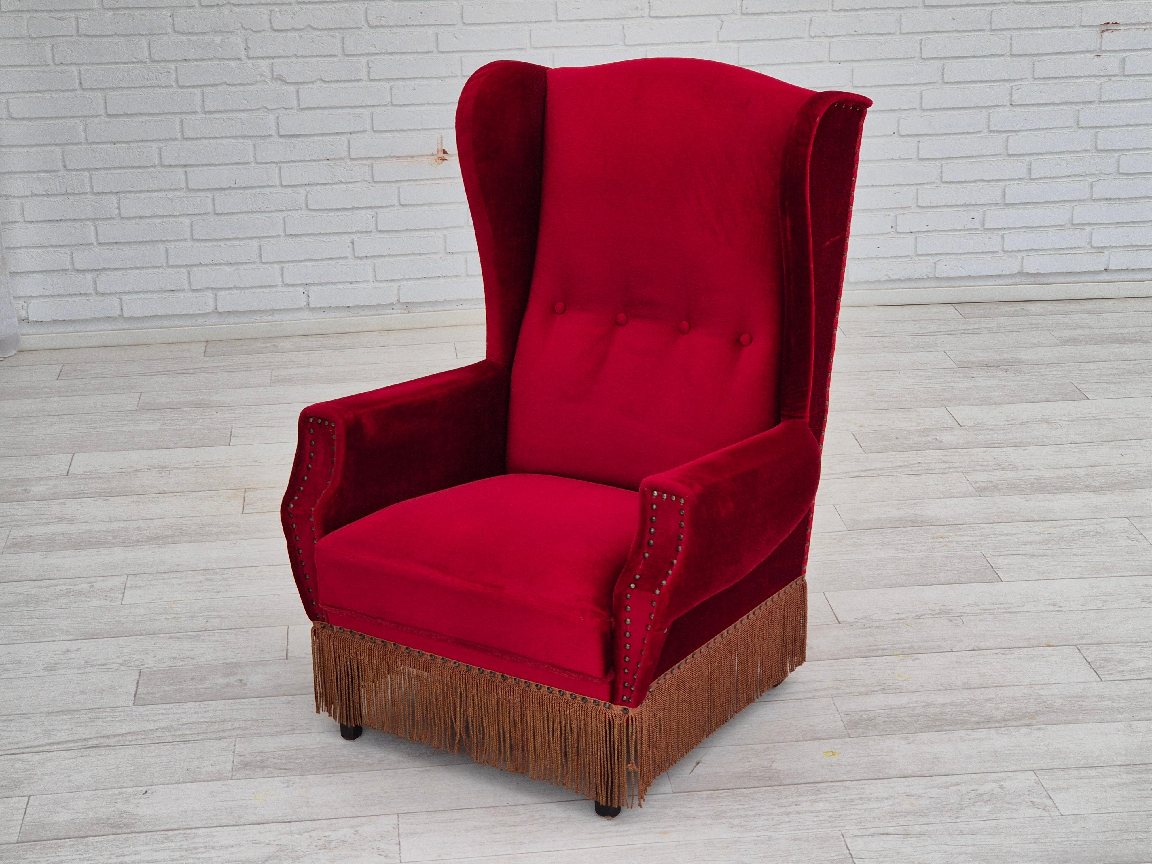 1960s, Danish wingback armchair, original, furniture velour, oak wood legs. For Sale 12