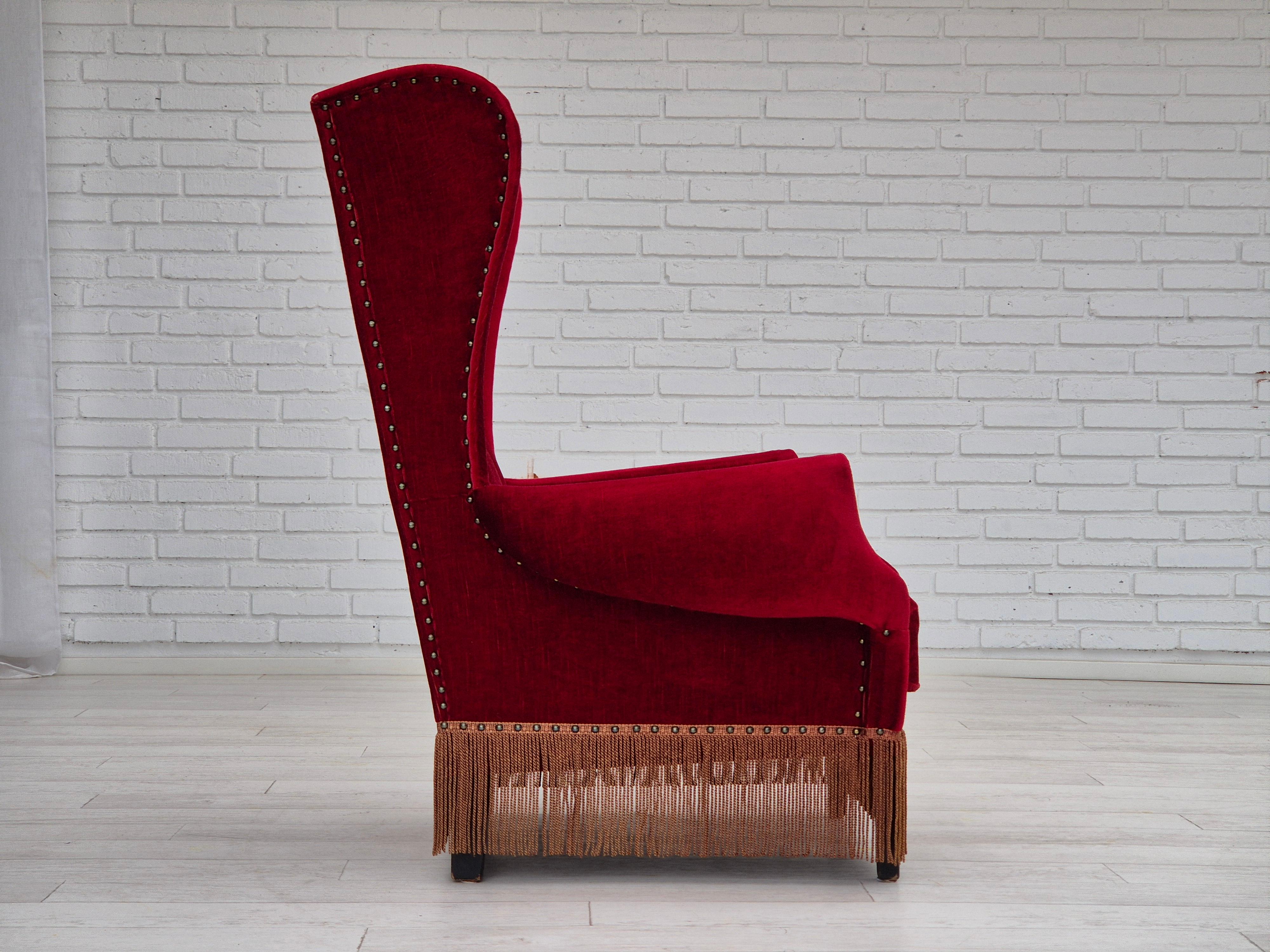 1960s, Danish wingback armchair, original, furniture velour, oak wood legs. In Good Condition For Sale In Tarm, 82