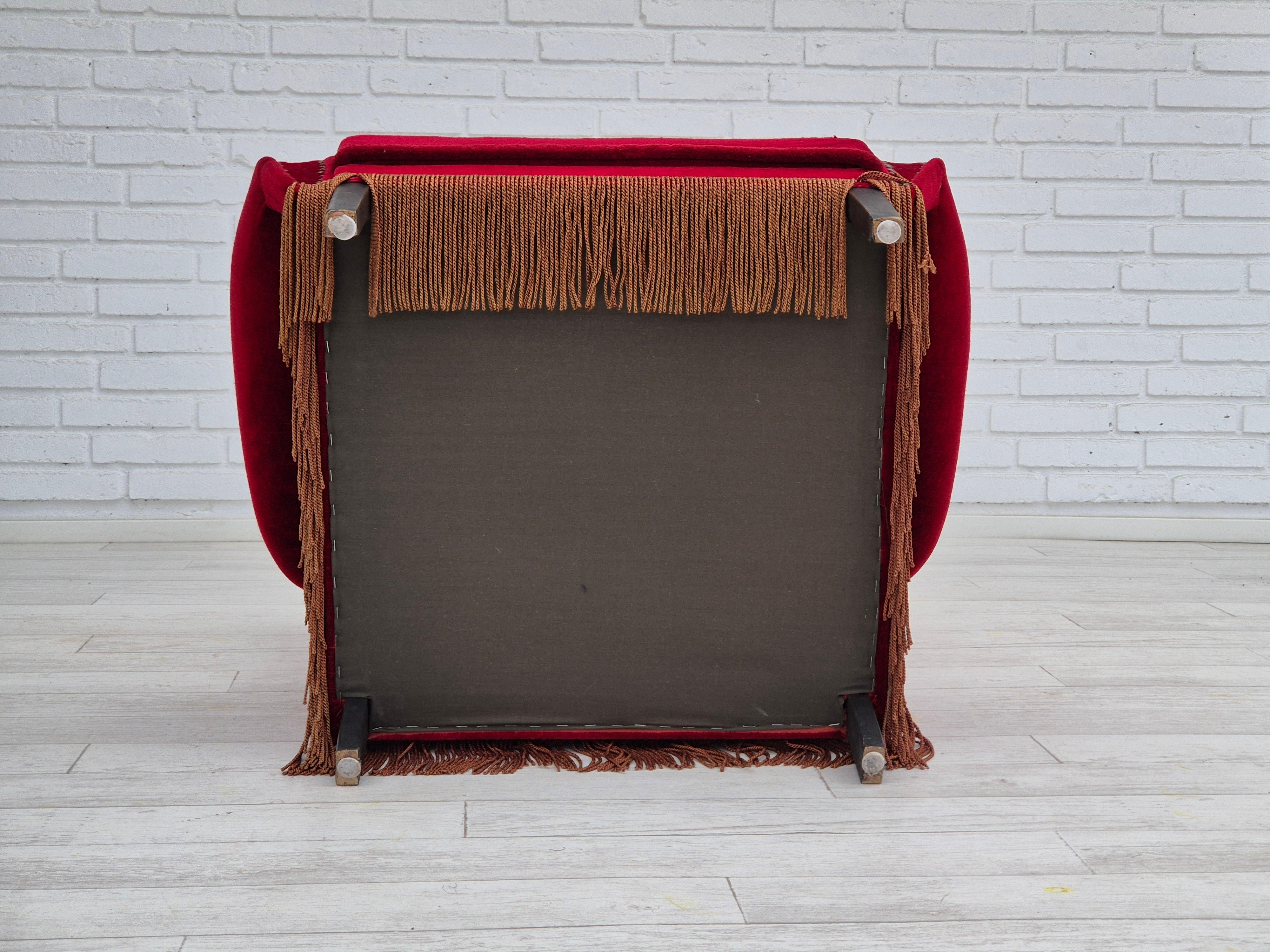 1960s, Danish wingback armchair, original, furniture velour, oak wood legs. For Sale 3