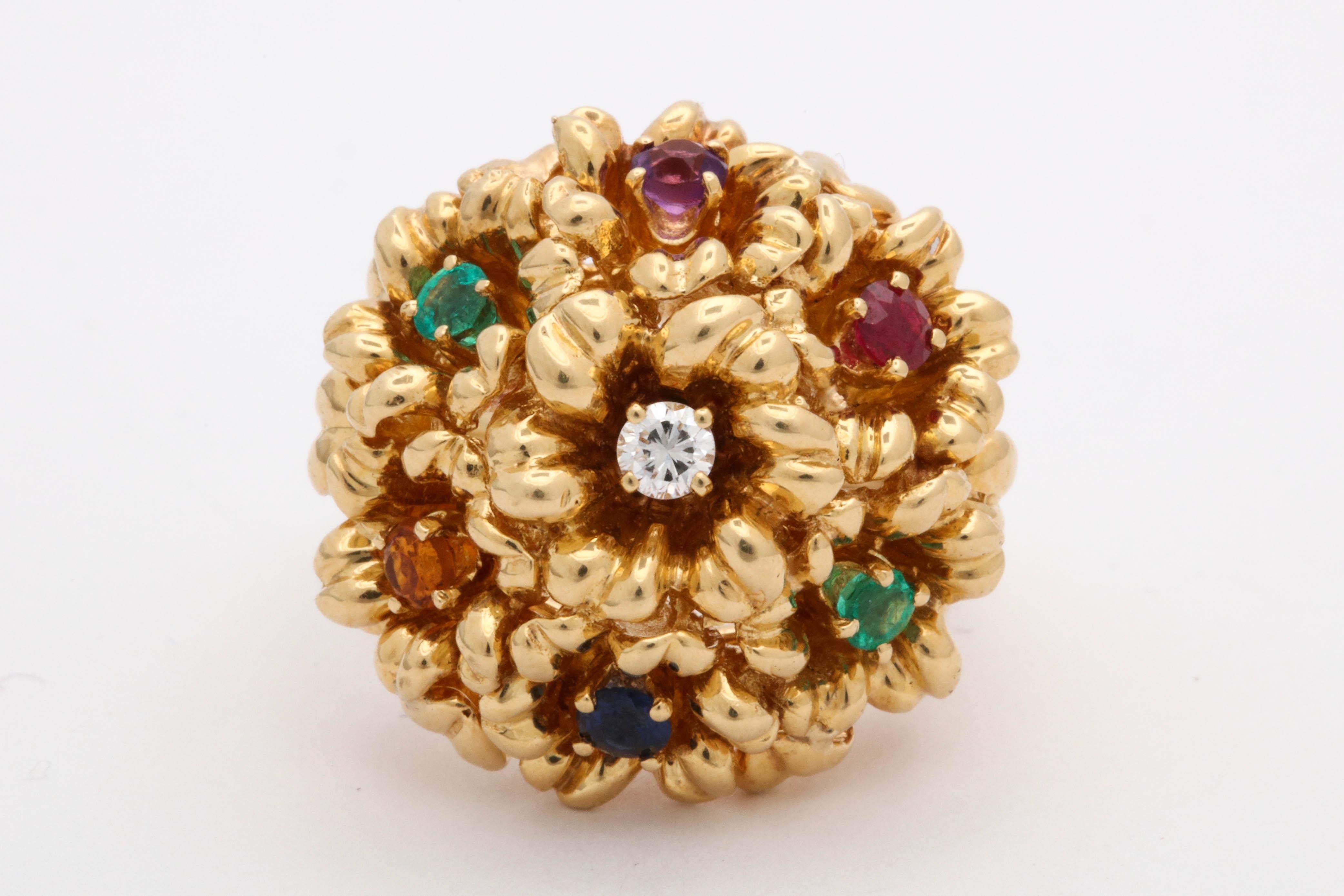 One Ladies 18kt Yellow Gold Cocktail Ring Designed In A Floral Basket Motif And Embellished With [7] Gemstones Spelling The Word 