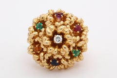 1960s Dankner Multicolored Stones and Diamond "Dearest" Floral Design Gold Ring