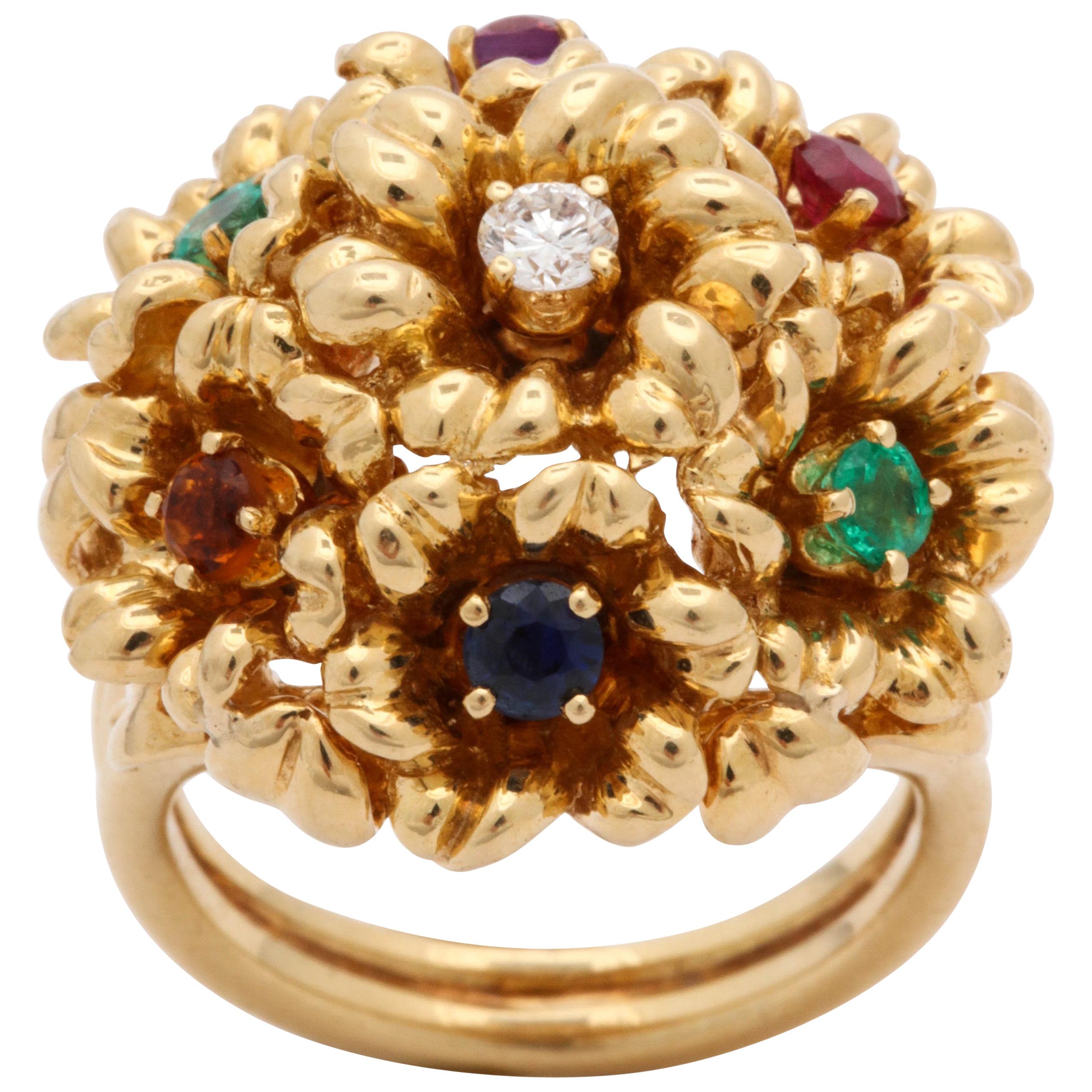 1960s Dankner Multicolored Stones and Diamond "Dearest" Floral Design Gold Ring