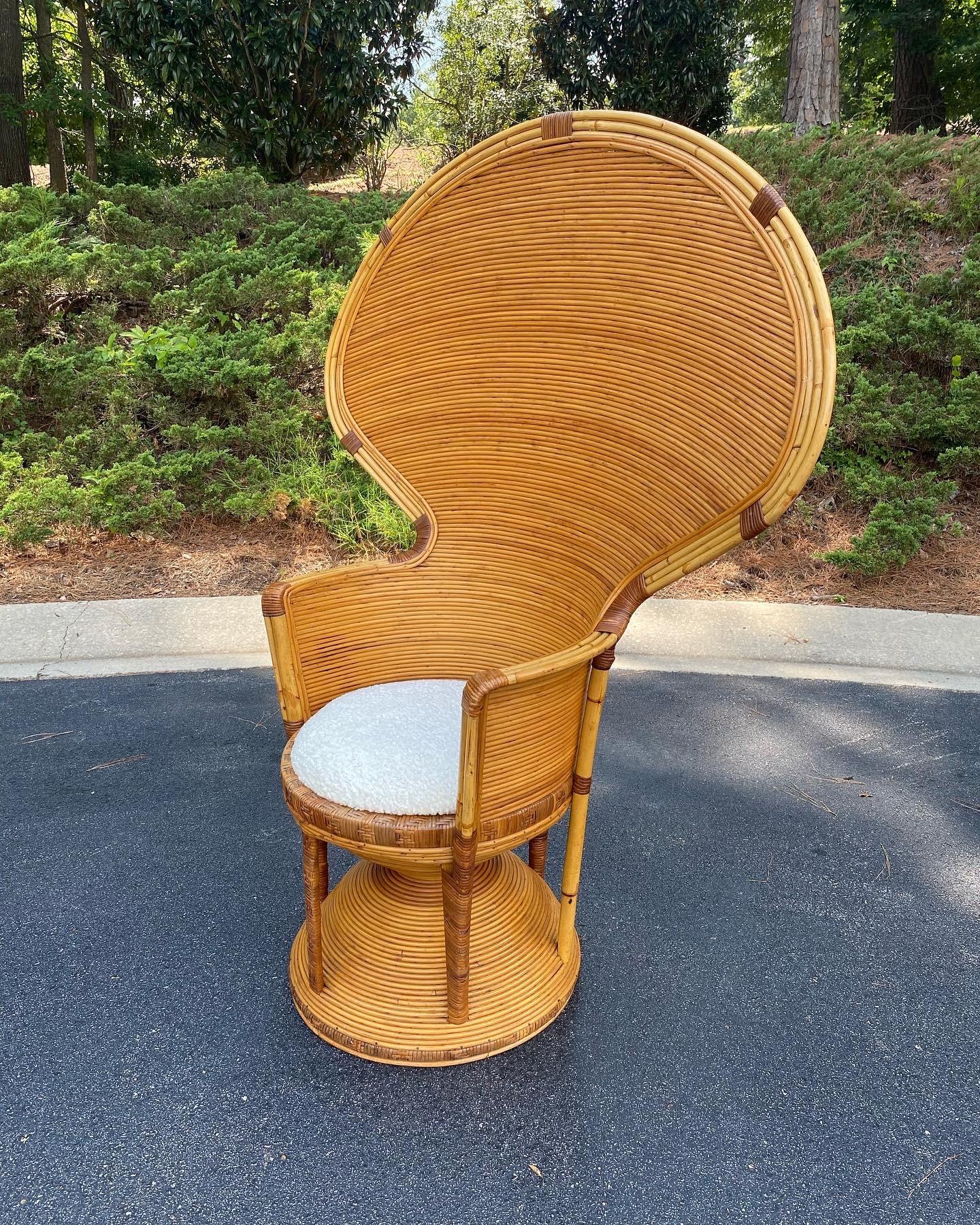 Amazing and quite unique. Very good vintage condition with faux shearling seat. Outstanding sculptural form and exaggerated shape. 

Danny Ho Fong is shown with an example in the background from original literature.