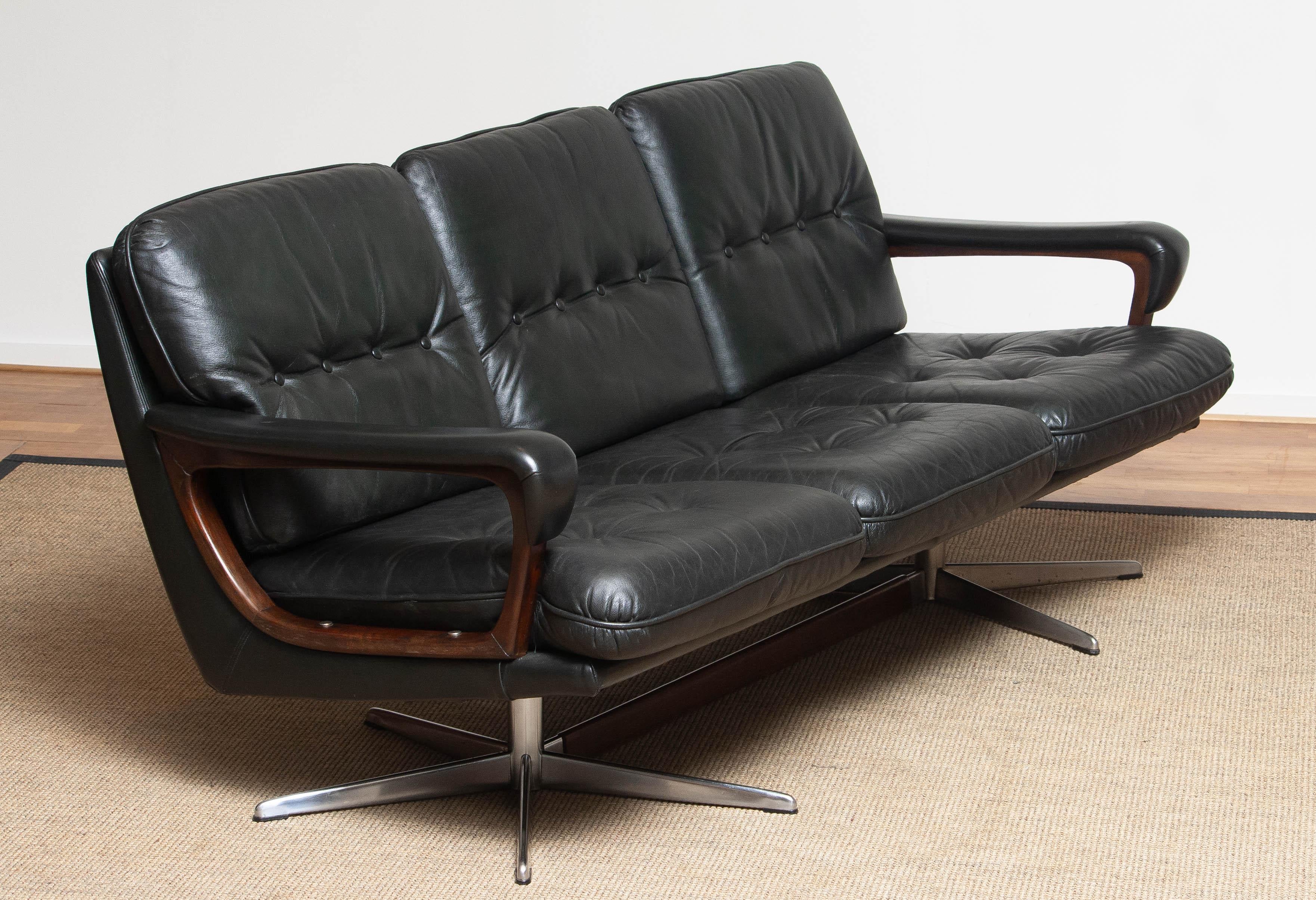 1960's Dark Green Leather Chrome and Teak Three-Seat Sofa by André Vandenbeuck 3