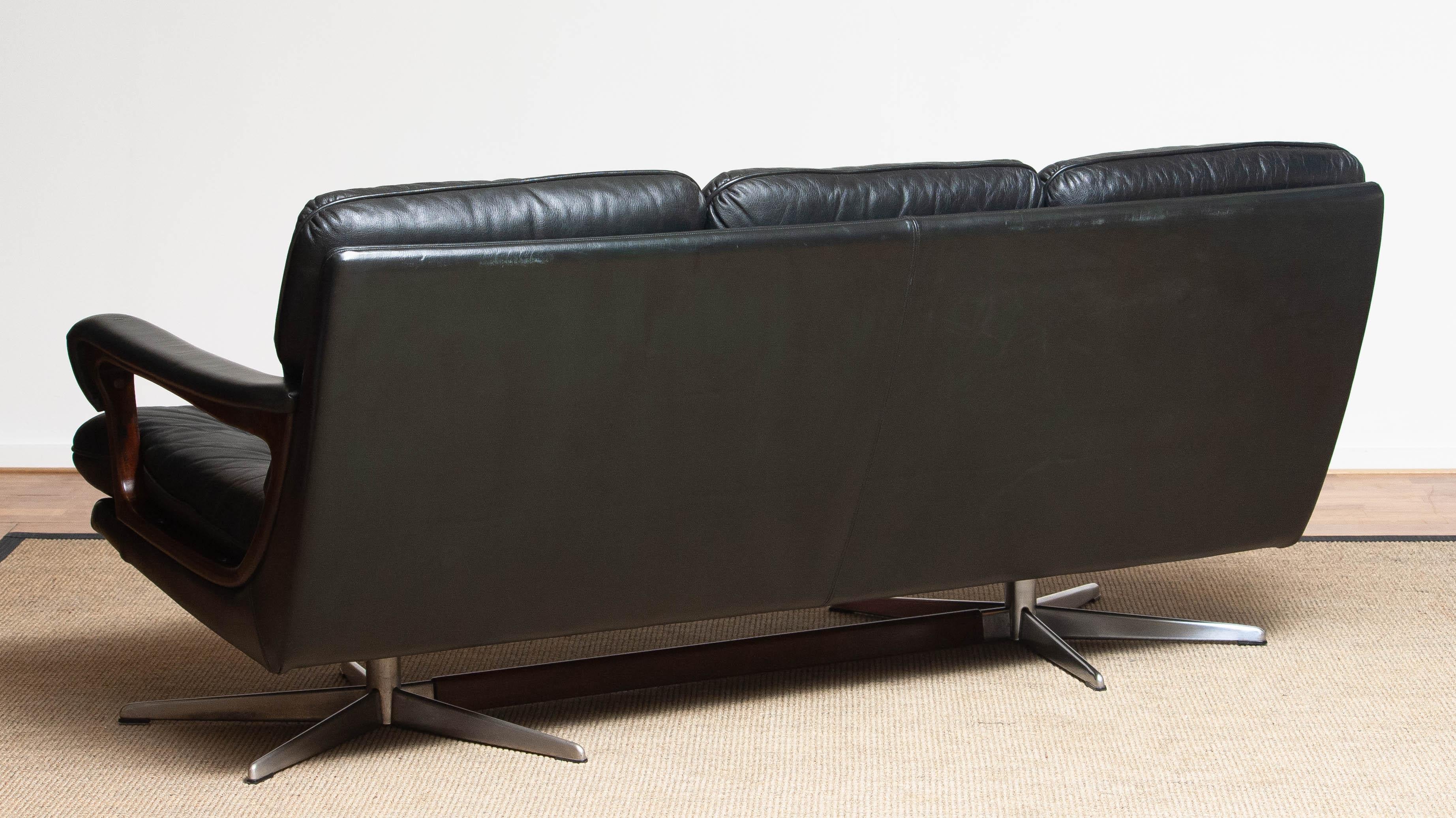 Steel 1960's Dark Green Leather Chrome and Teak Three-Seat Sofa by André Vandenbeuck