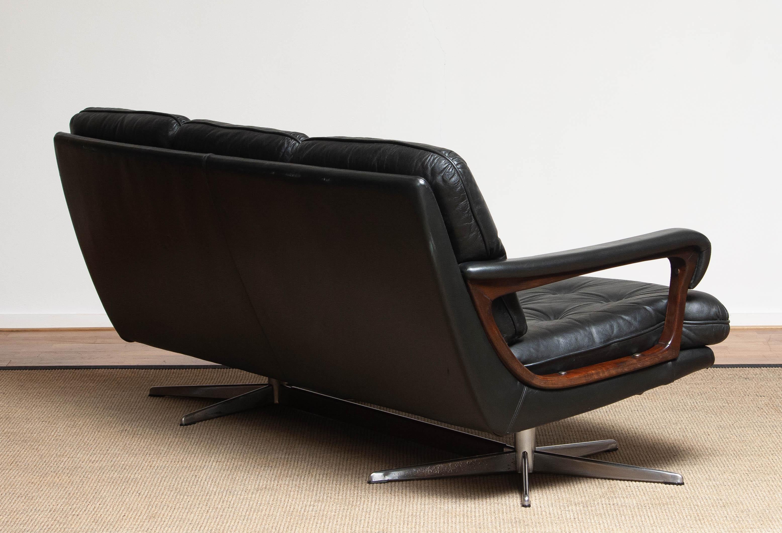 1960's Dark Green Leather Chrome and Teak Three-Seat Sofa by André Vandenbeuck 1