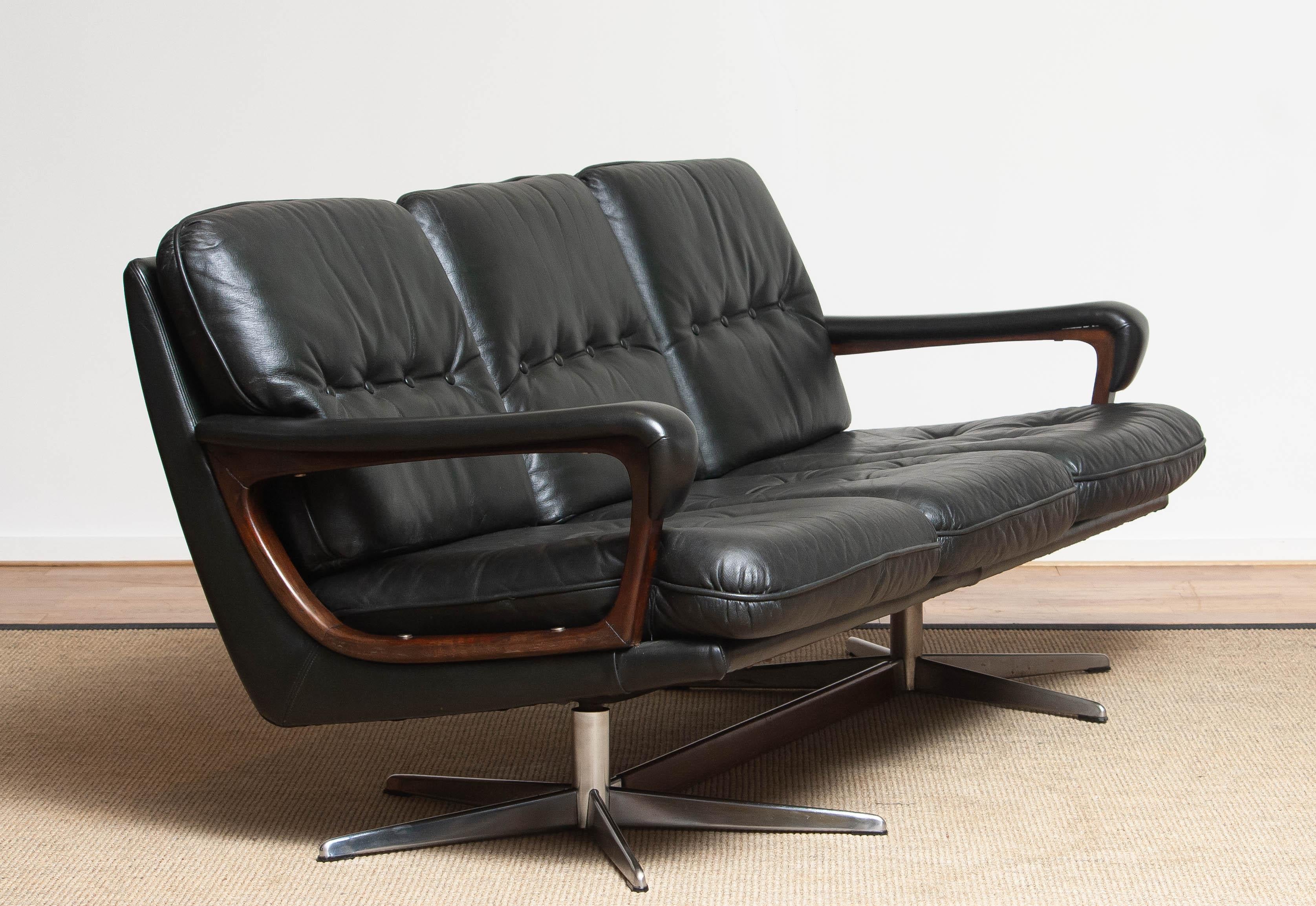 1960's Dark Green Leather Chrome and Teak Three-Seat Sofa by André Vandenbeuck 2