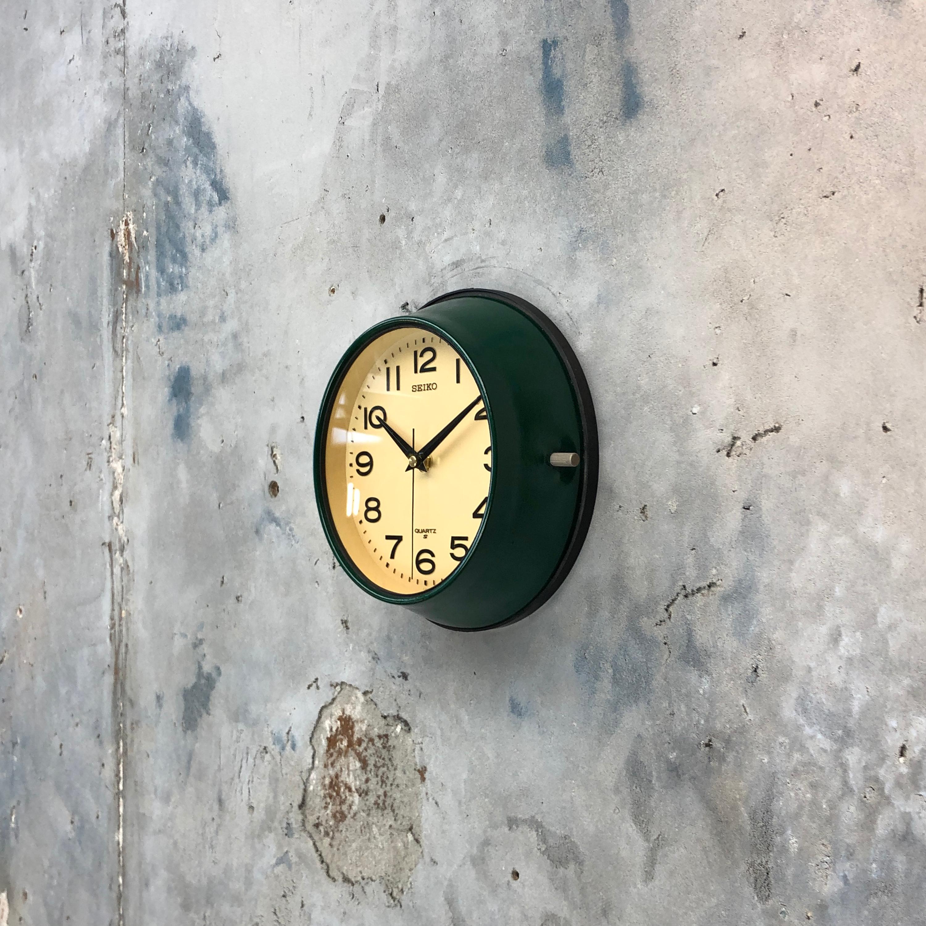 1960s Dark Green Retro Seiko Vintage Industrial Antique Steel Quartz Wall Clock 1