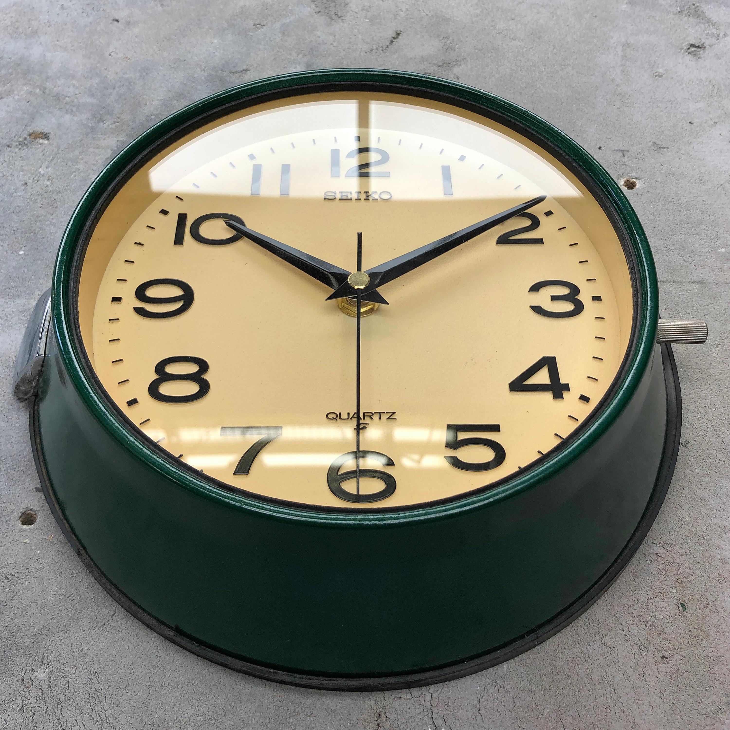 1960s Dark Green Retro Seiko Vintage Industrial Antique Steel Quartz Wall Clock 5