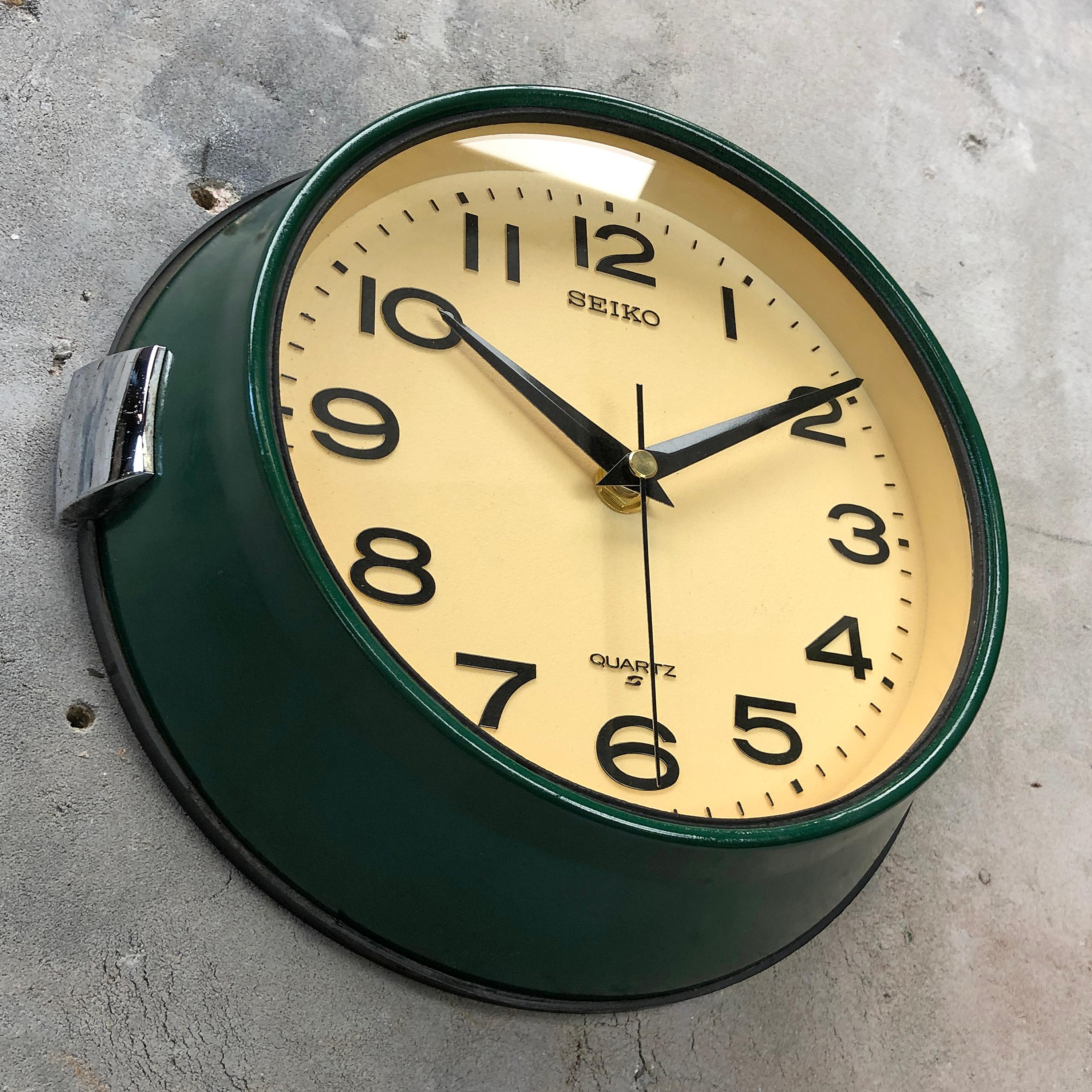 1960s Dark Green Retro Seiko Vintage Industrial Antique Steel Quartz Wall Clock 6