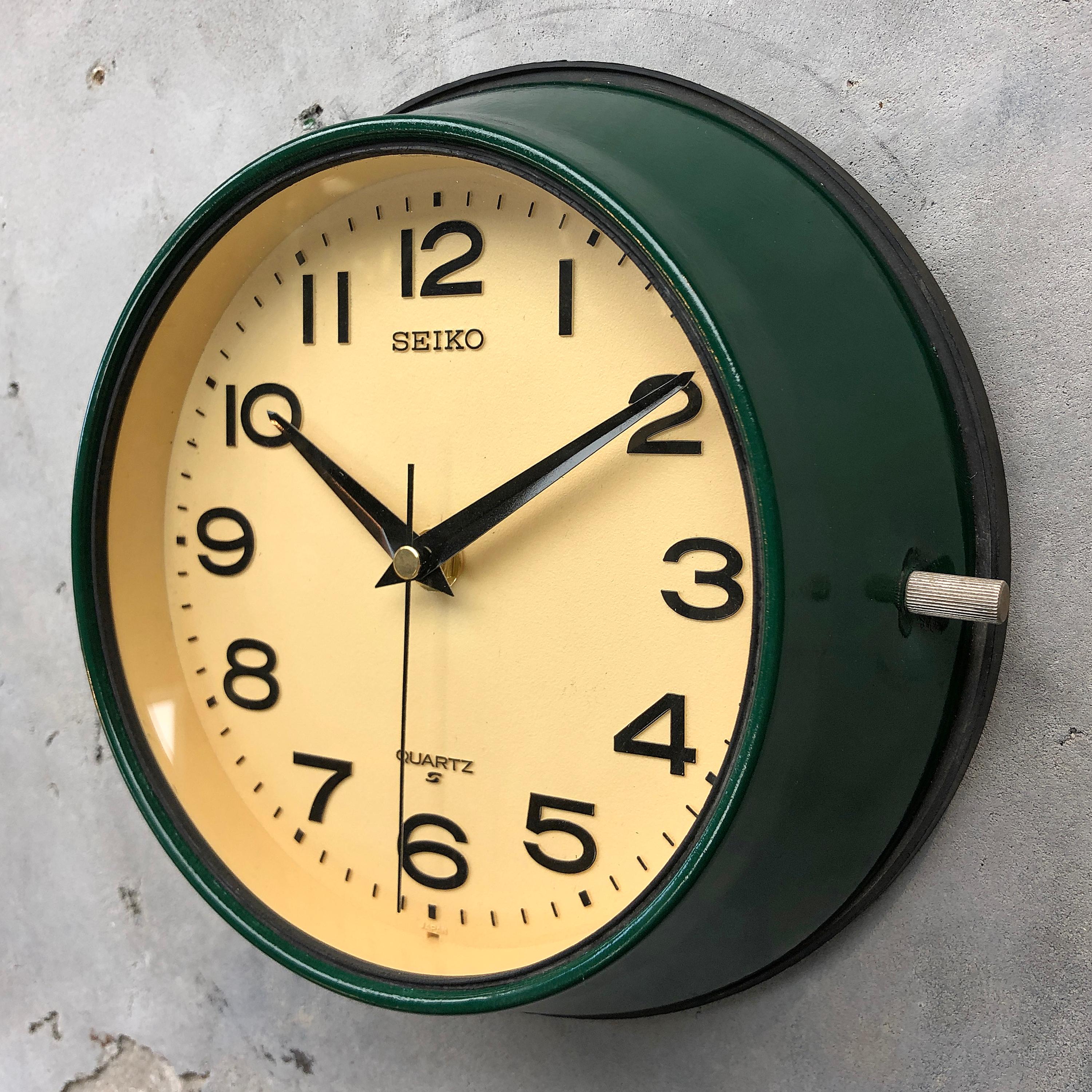 1960s Dark Green Retro Seiko Vintage Industrial Antique Steel Quartz Wall Clock 7