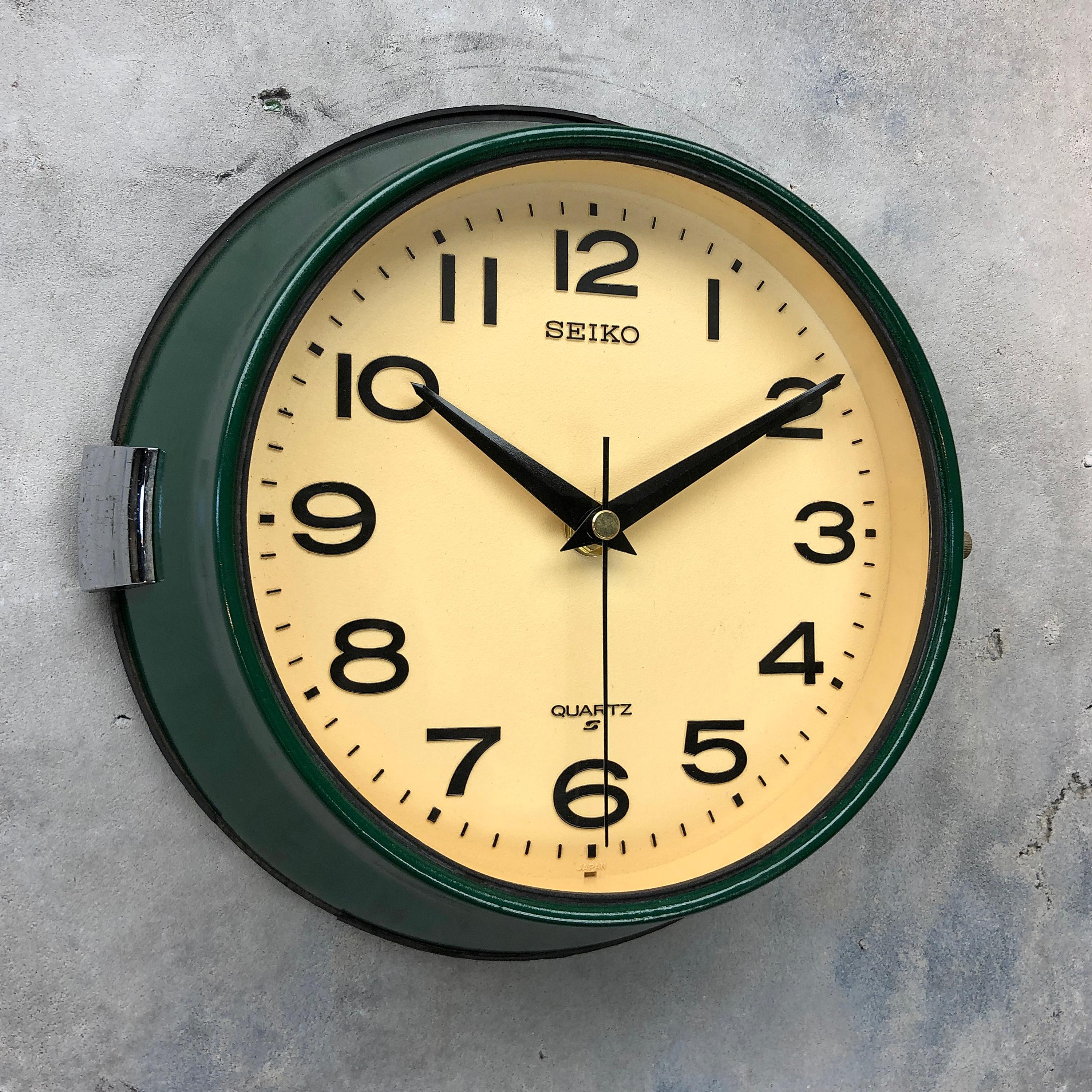 1960s Dark Green Retro Seiko Vintage Industrial Antique Steel Quartz Wall Clock 10
