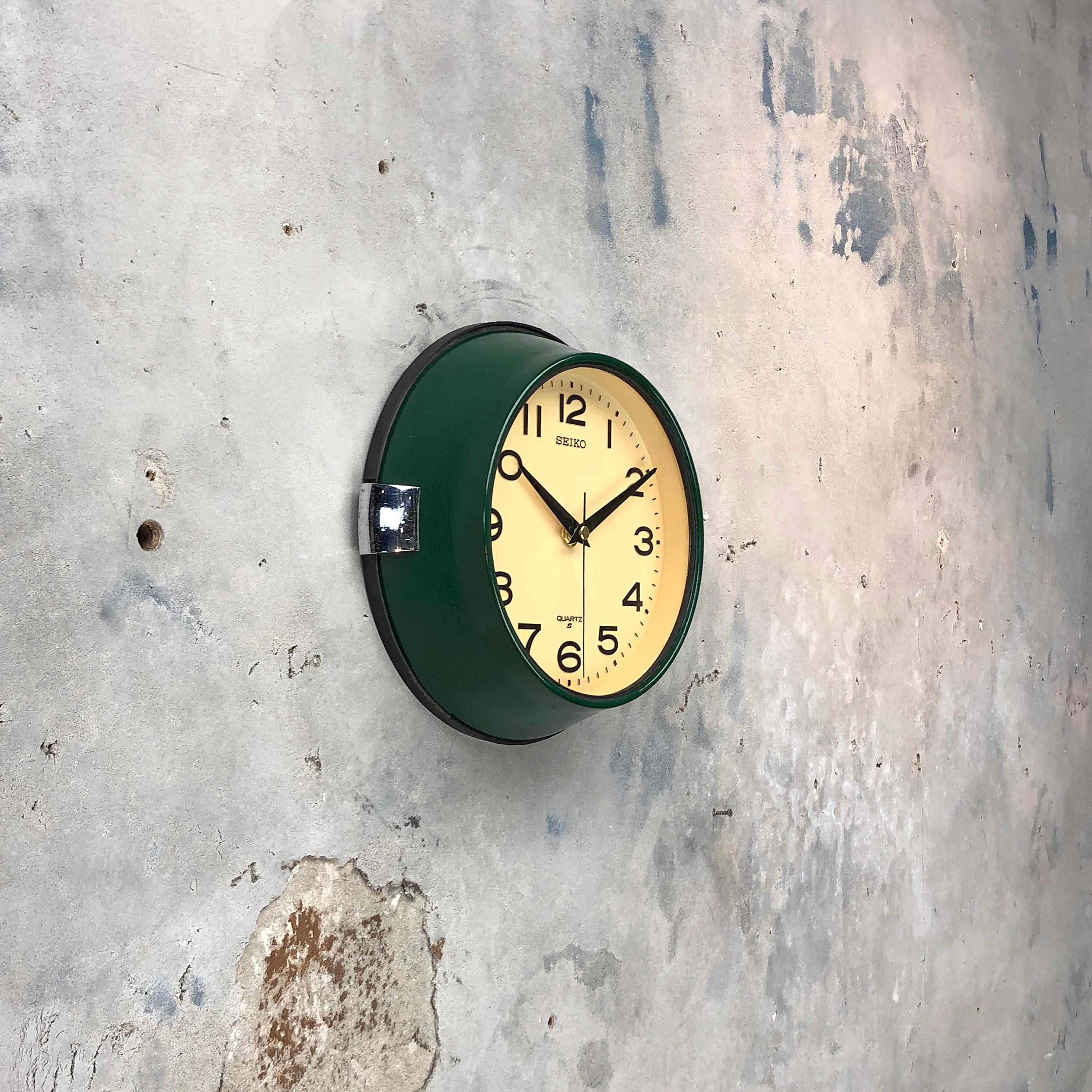 Mid-20th Century 1960s Dark Green Retro Seiko Vintage Industrial Antique Steel Quartz Wall Clock