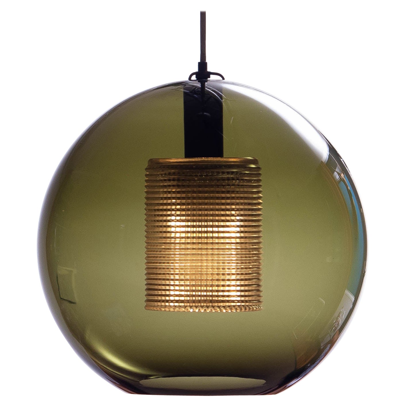 1960
s Dark Green Spherical Glass Pendant by Carl Fagerlund for Orrefors Sweden