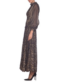 1960S Dark Grey Polyester Chiffon & Silver Metallic Lace Jumpsuit