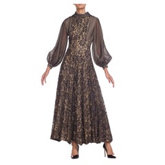 1960S Dark Grey Polyester Chiffon & Silver Metallic Lace Jumpsuit