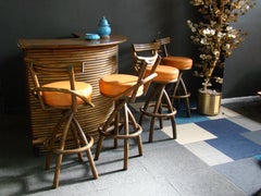 1960s Dark L-shaped Rattan Bar with 4 Matching Stools South Pacific or Tiki