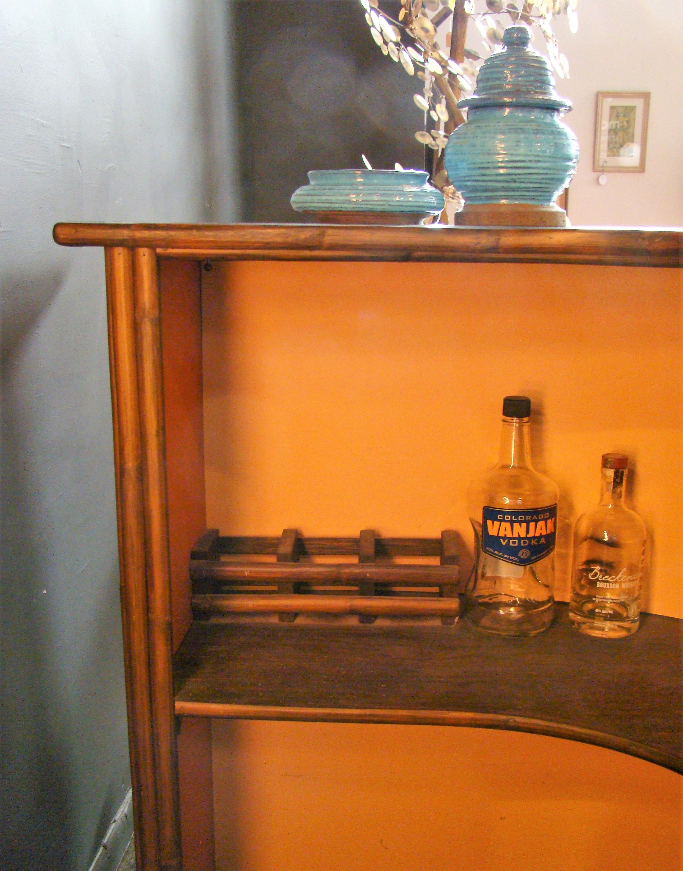 1960s Dark L-shaped Rattan Bar with 4 Matching Stools South Pacific or Tiki In Good Condition In Denver, CO