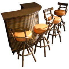 Vintage 1960s Dark L-shaped Rattan Bar with 4 Matching Stools South Pacific or Tiki