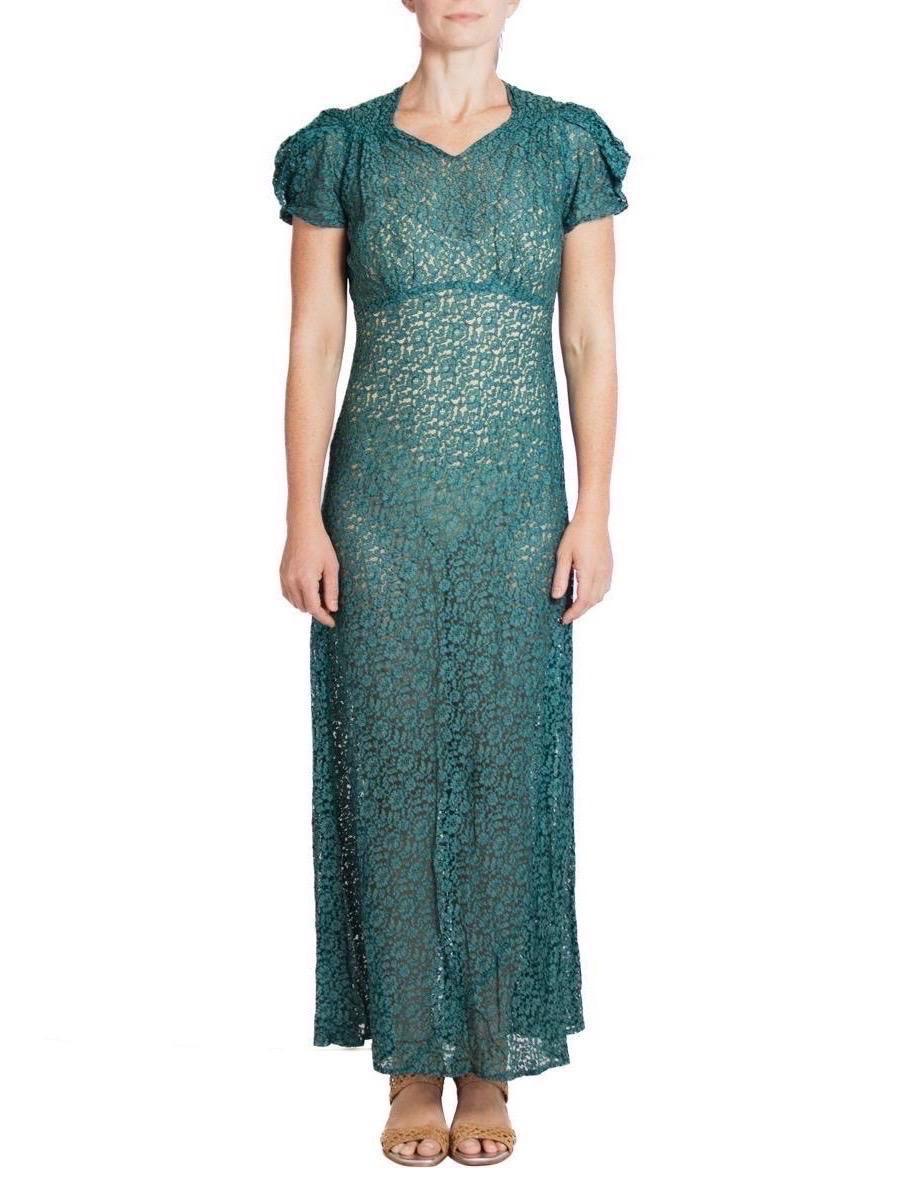 1960S Dark Teal Cotton / Rayon Lace Dress In Excellent Condition For Sale In New York, NY