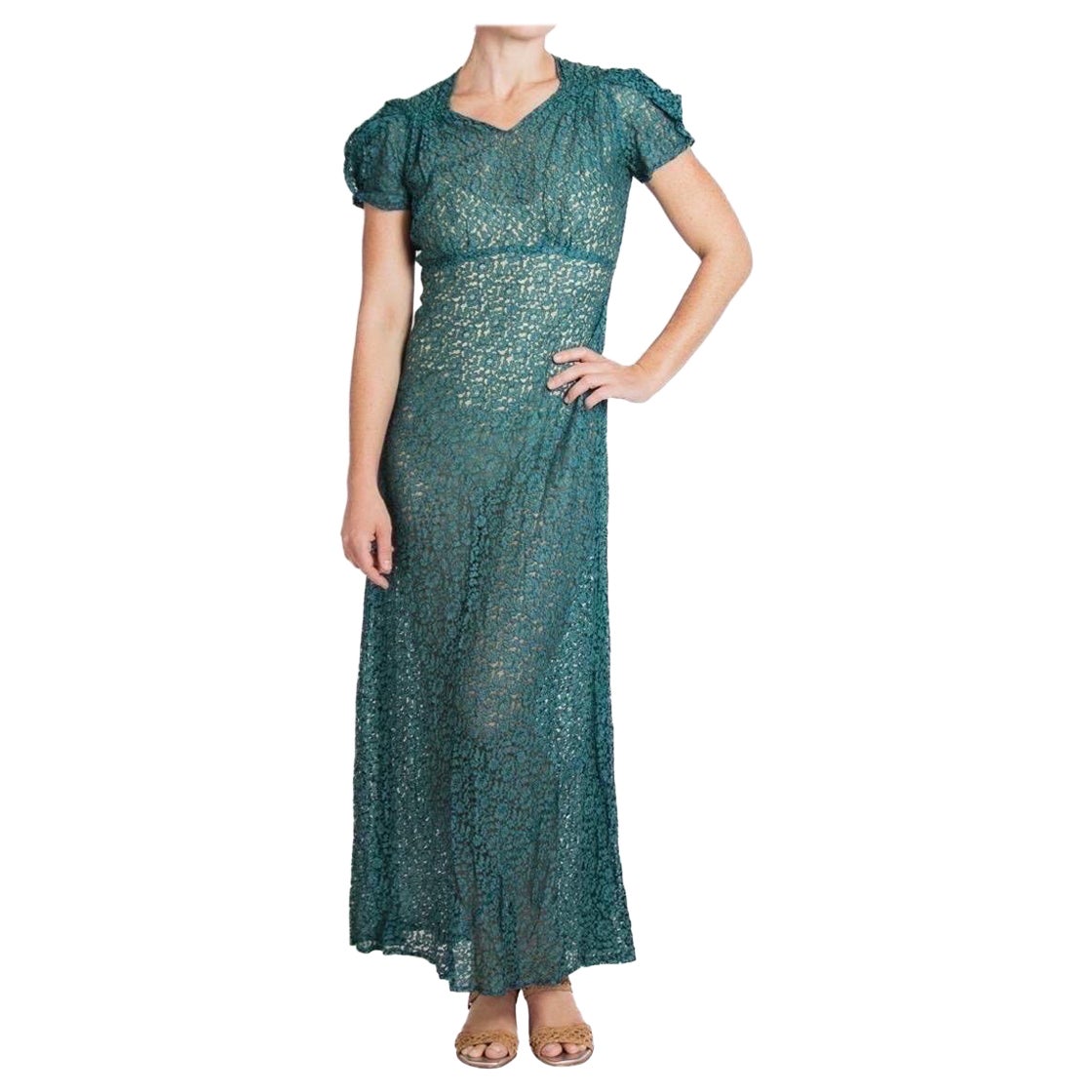 1960er Jahre Dunkelgrünes Baumwoll-Viskose-Spitzenkleid im Angebot