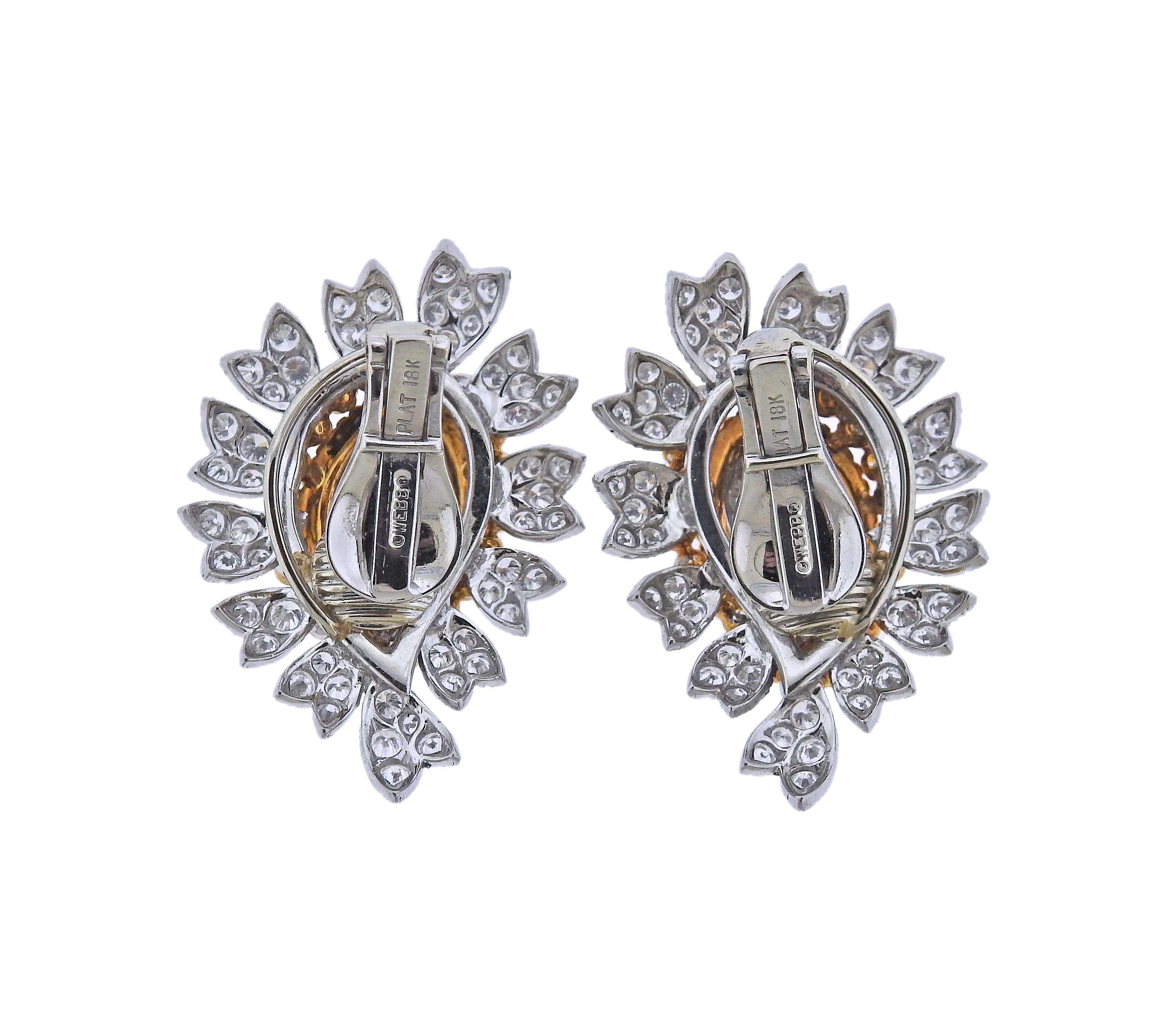 Round Cut 1960s David Webb Diamond Platinum Gold Earrings For Sale