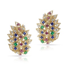 1960er David Webb Rubin-, Smaragd-, Saphir- und Diamant-Ohrringe/Brosche-Paar, 18k