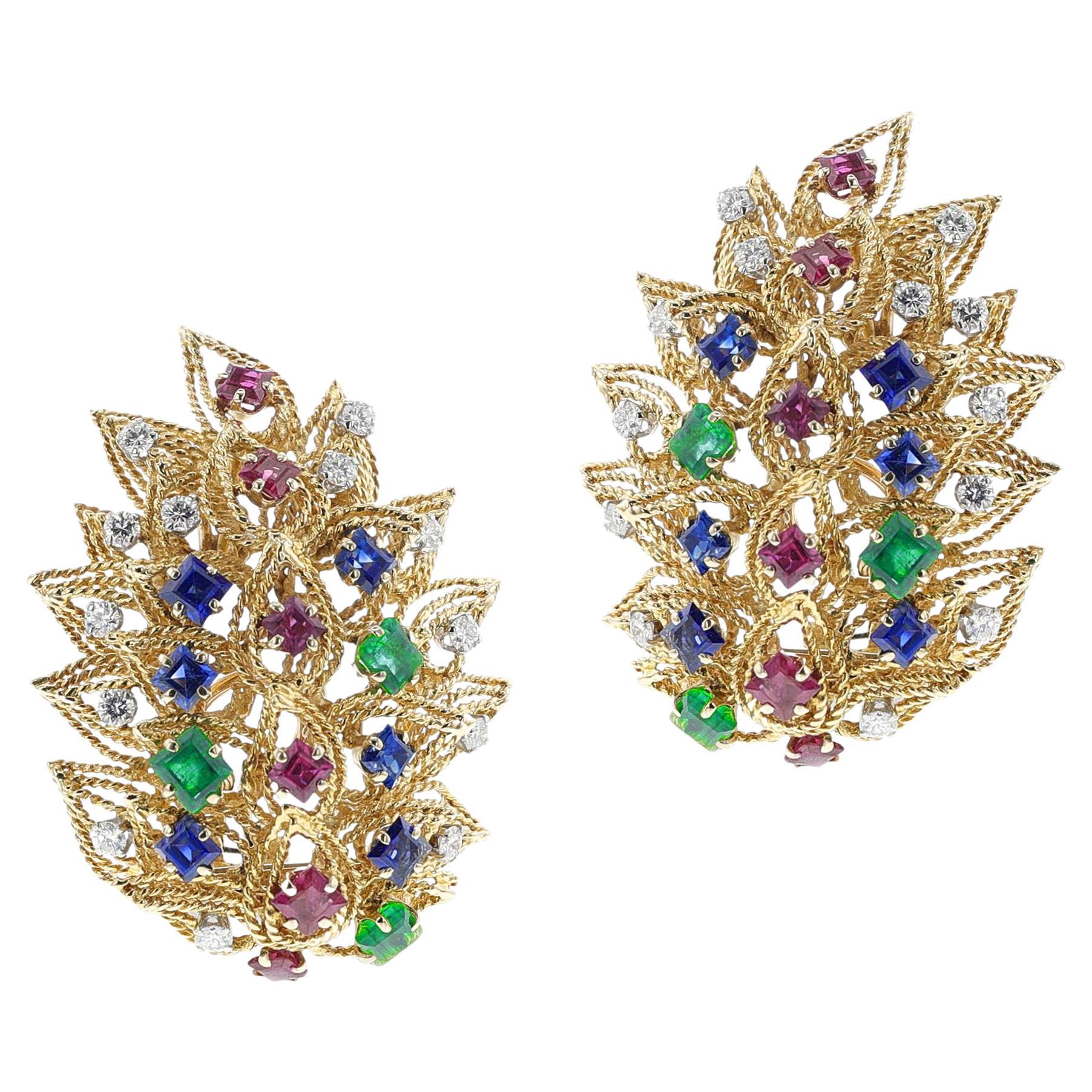 Orecchini/spilla David Webb del 1960 con rubini, smeraldi, zaffiri e diamanti, 18 ct.