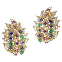 1960s David Webb Ruby, Emerald, Sapphire and Diamond Earrings/Brooch Pair, 18k