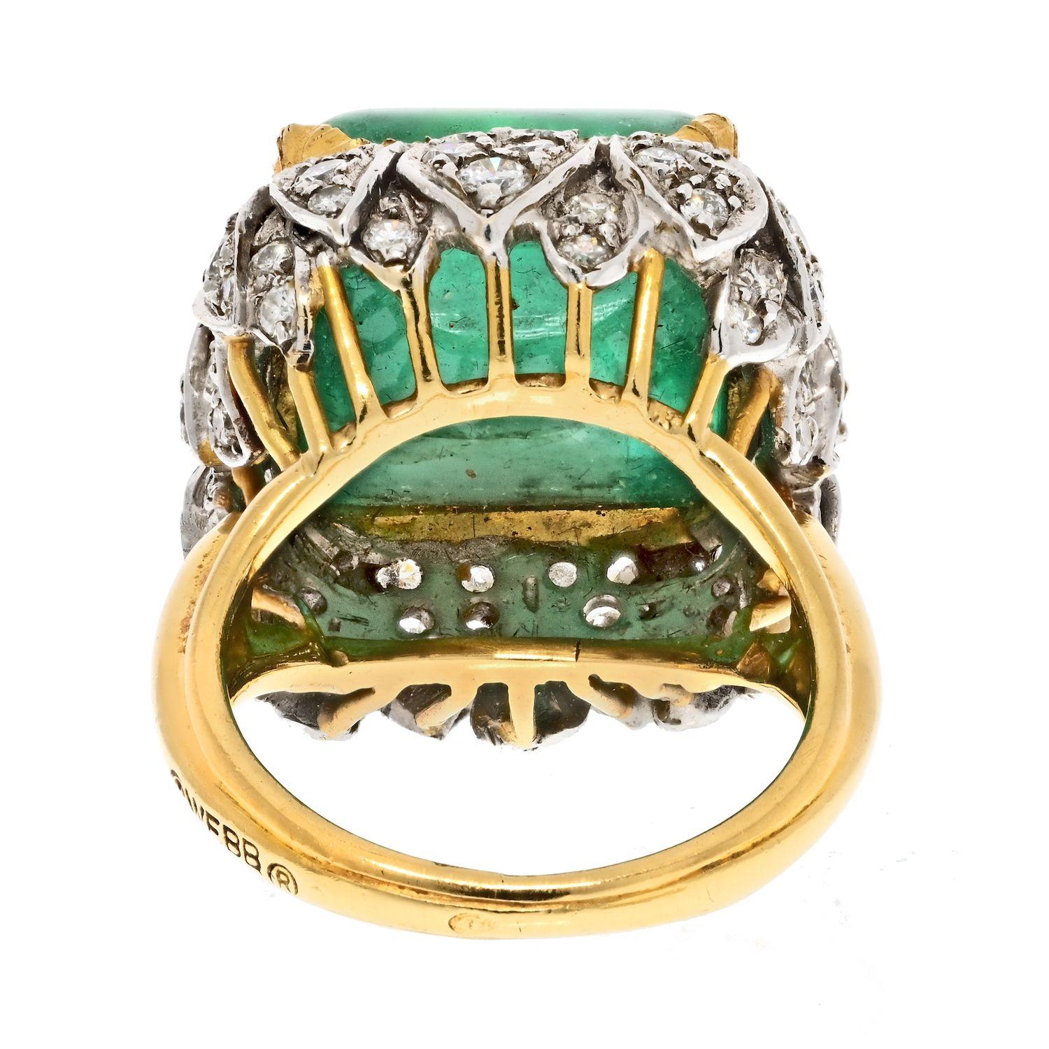 Modern 1960s David Webb Sugarloaf Cut Green Emerald and Diamond Vintage Ring  For Sale