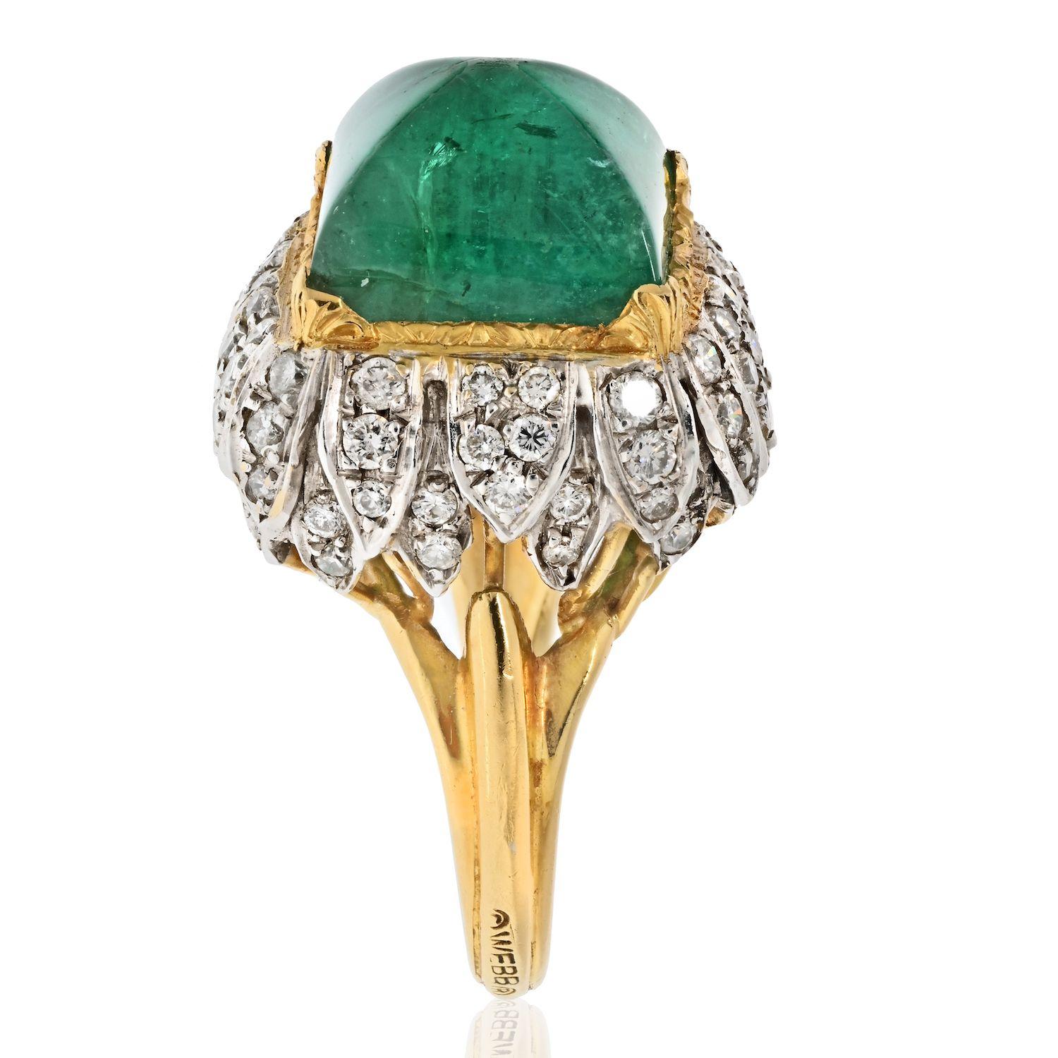 Sugarloaf Cabochon 1960s David Webb Sugarloaf Cut Green Emerald and Diamond Vintage Ring  For Sale