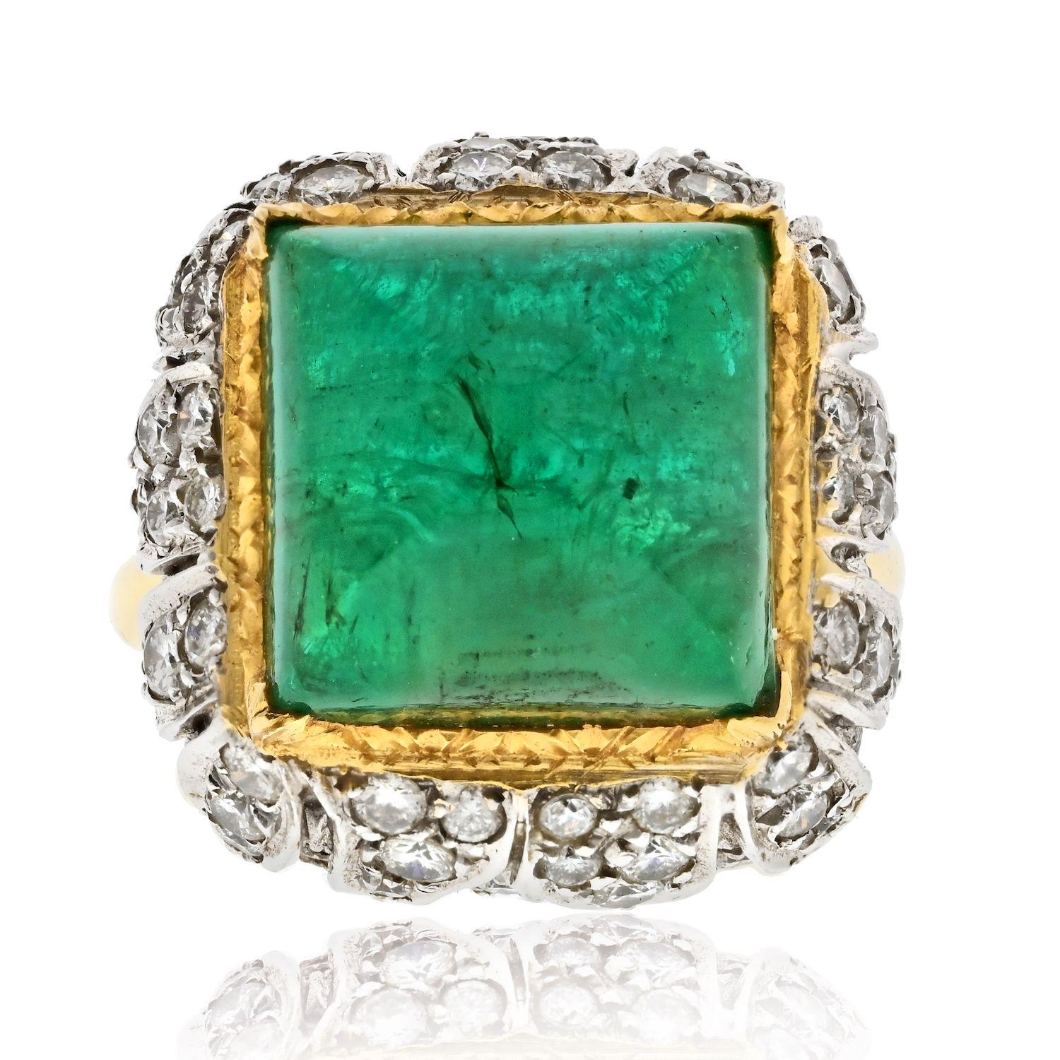 Women's 1960s David Webb Sugarloaf Cut Green Emerald and Diamond Vintage Ring For Sale