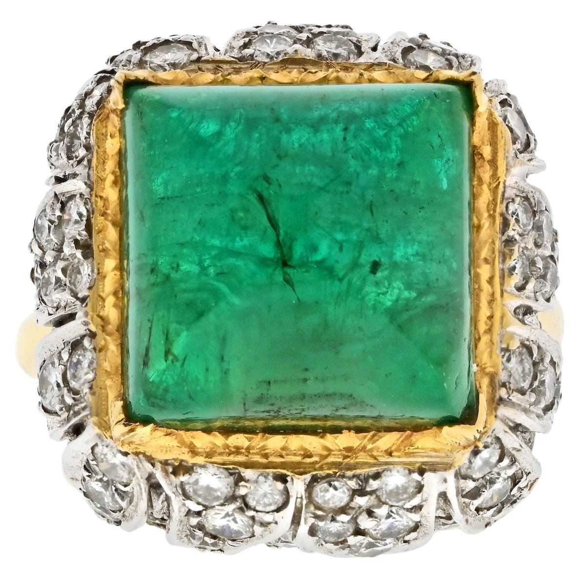 1960s David Webb Sugarloaf Cut Green Emerald and Diamond Vintage Ring For Sale