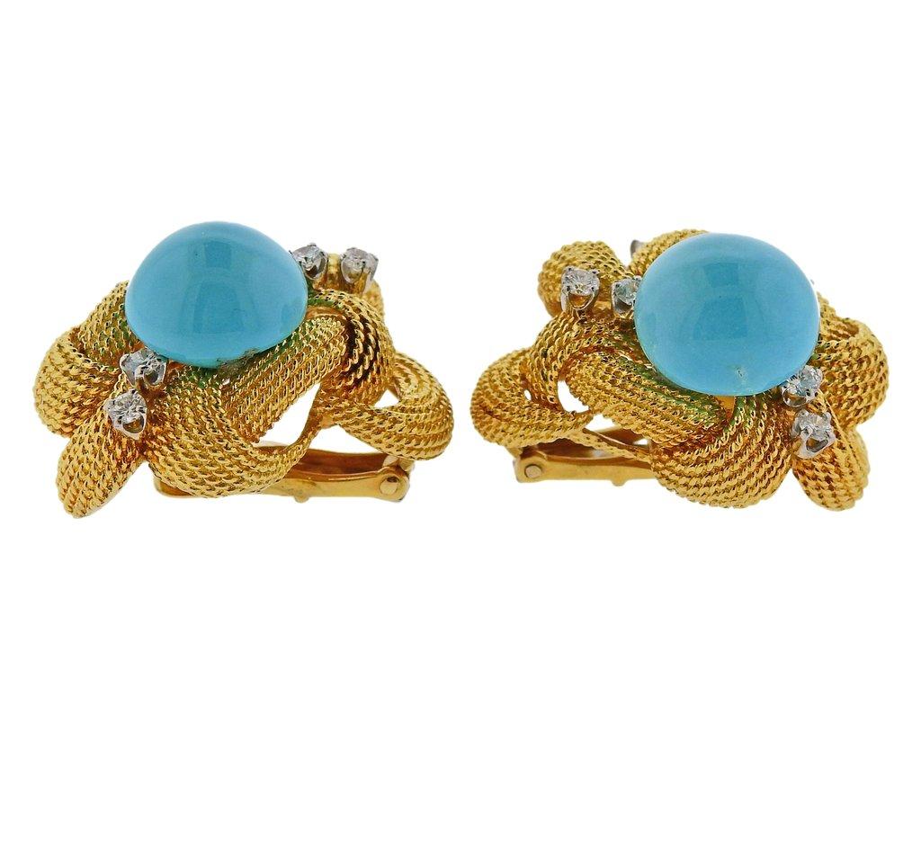 Pair of 18k yellow gold 1960s earrings. Crafted by David Webb, set with turquoise and approx. 0.60ctw in H/VS diamonds.  Earrings are 26mm x 22mm. Marked - Webb, 18k. Weight - 30.9 grams. 

