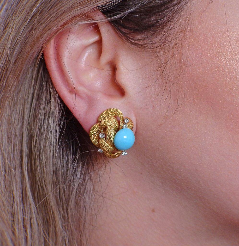 Women's or Men's 1960s David Webb Turquoise Diamond Gold Earrings For Sale