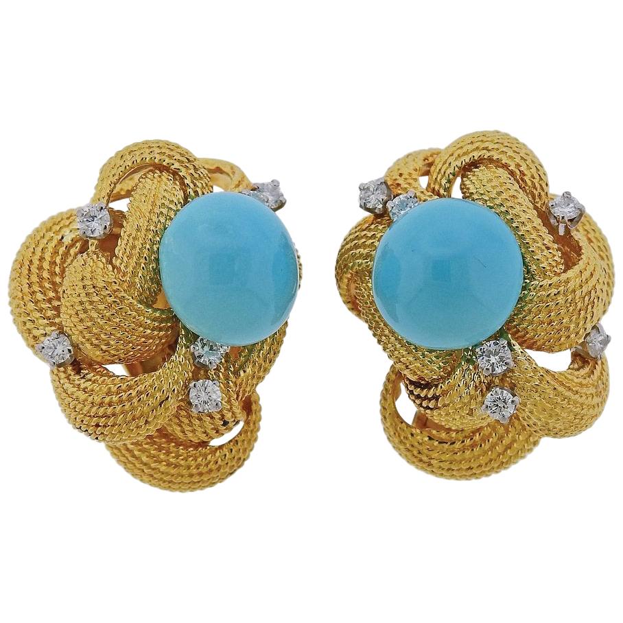 1960s David Webb Turquoise Diamond Gold Earrings For Sale