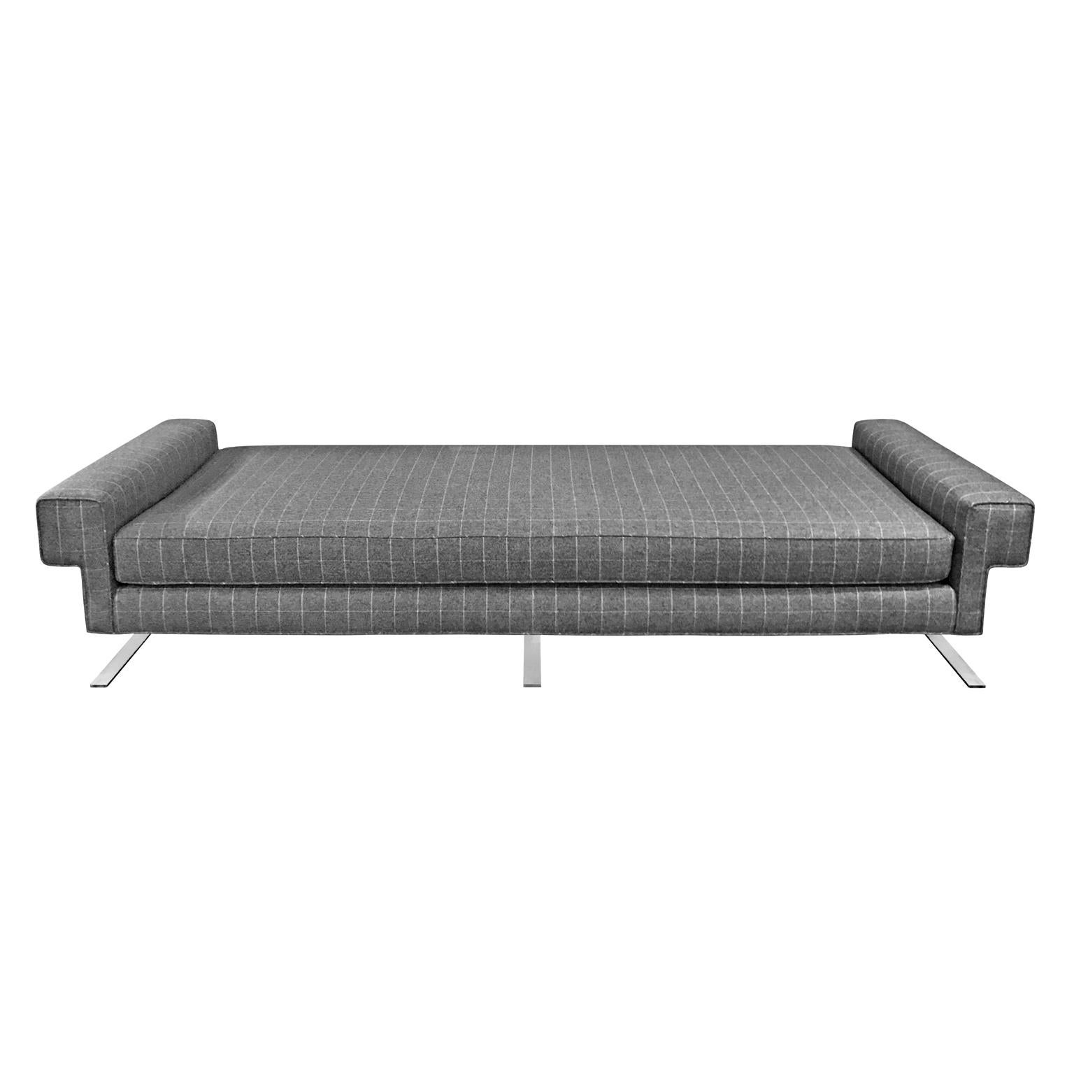 Vintage daybed newly upholstered in grey windowpane flannel on chromed iron base, USA, 1965.