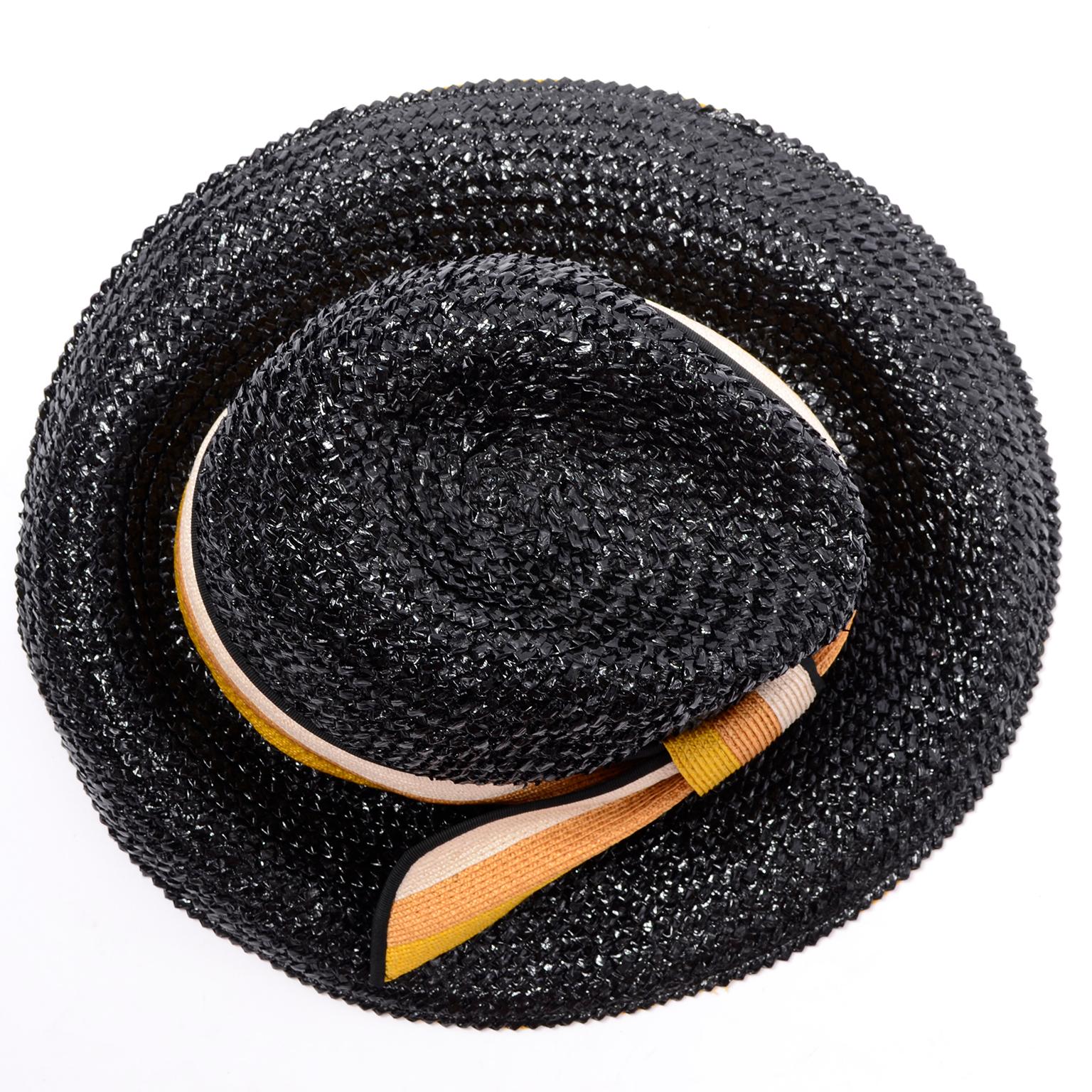 Black 1960s Deadstock Vintage Yves Saint Laurent Straw Hat With Striped Ribbon W Tag