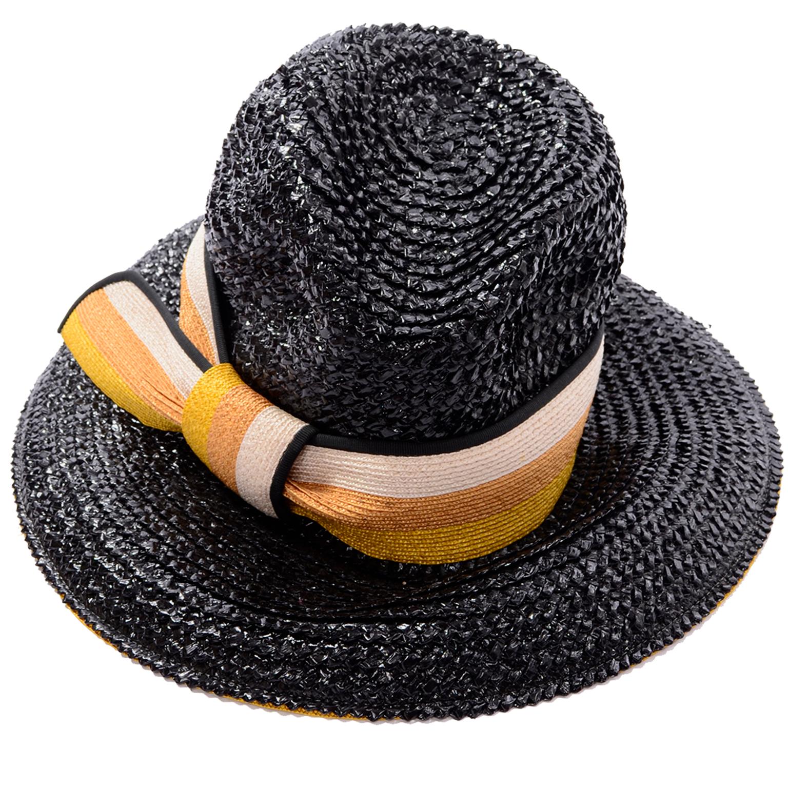 1960s Deadstock Vintage Yves Saint Laurent Straw Hat With Striped Ribbon W Tag In New Condition In Portland, OR