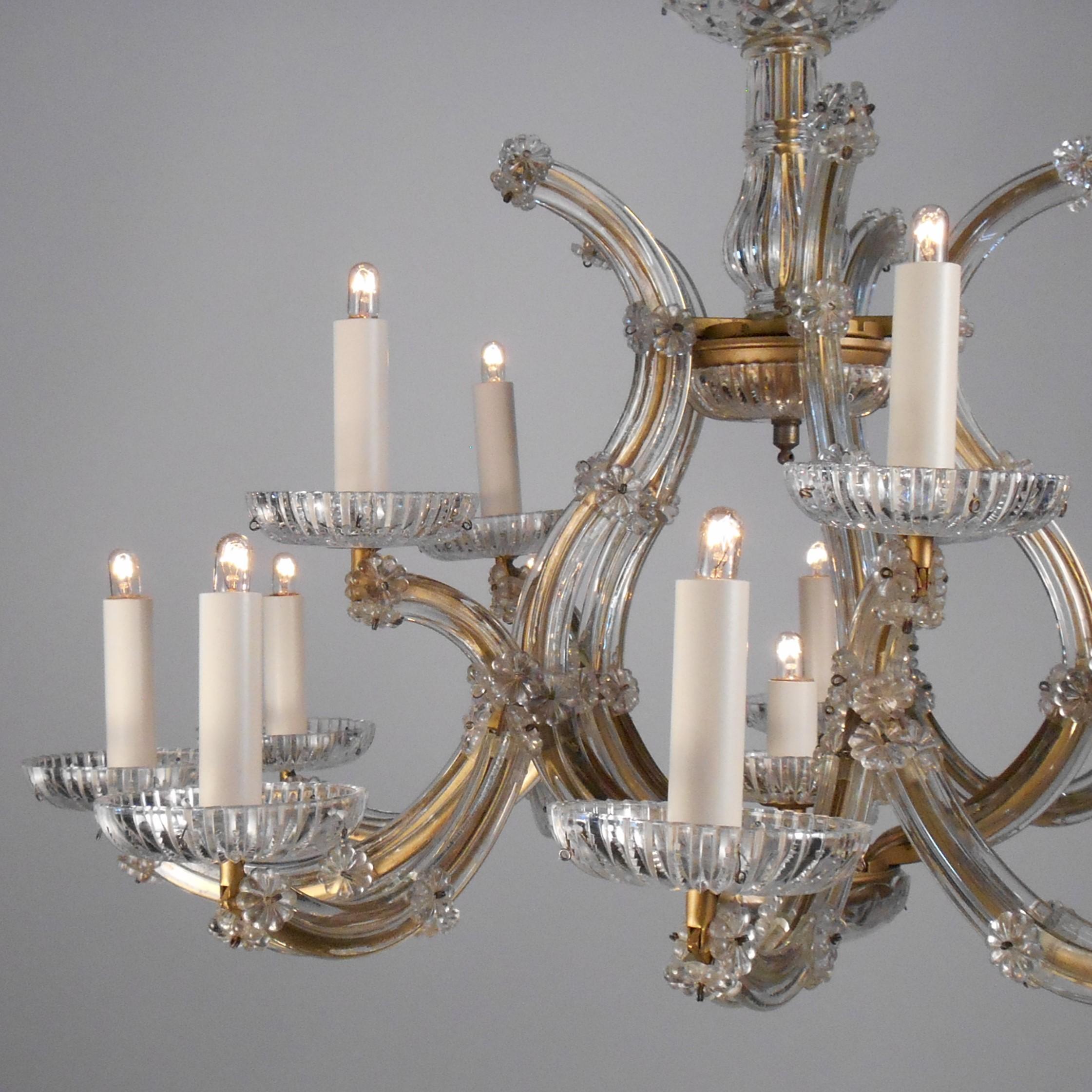 The Maria Theresa chandelier is very distinct, first appearing in Austria in the 18th century in the court of Marie Antoinette’s mother Maria Theresa. The distinctive metal frames are always faced with cut crystal glass and held in place with small